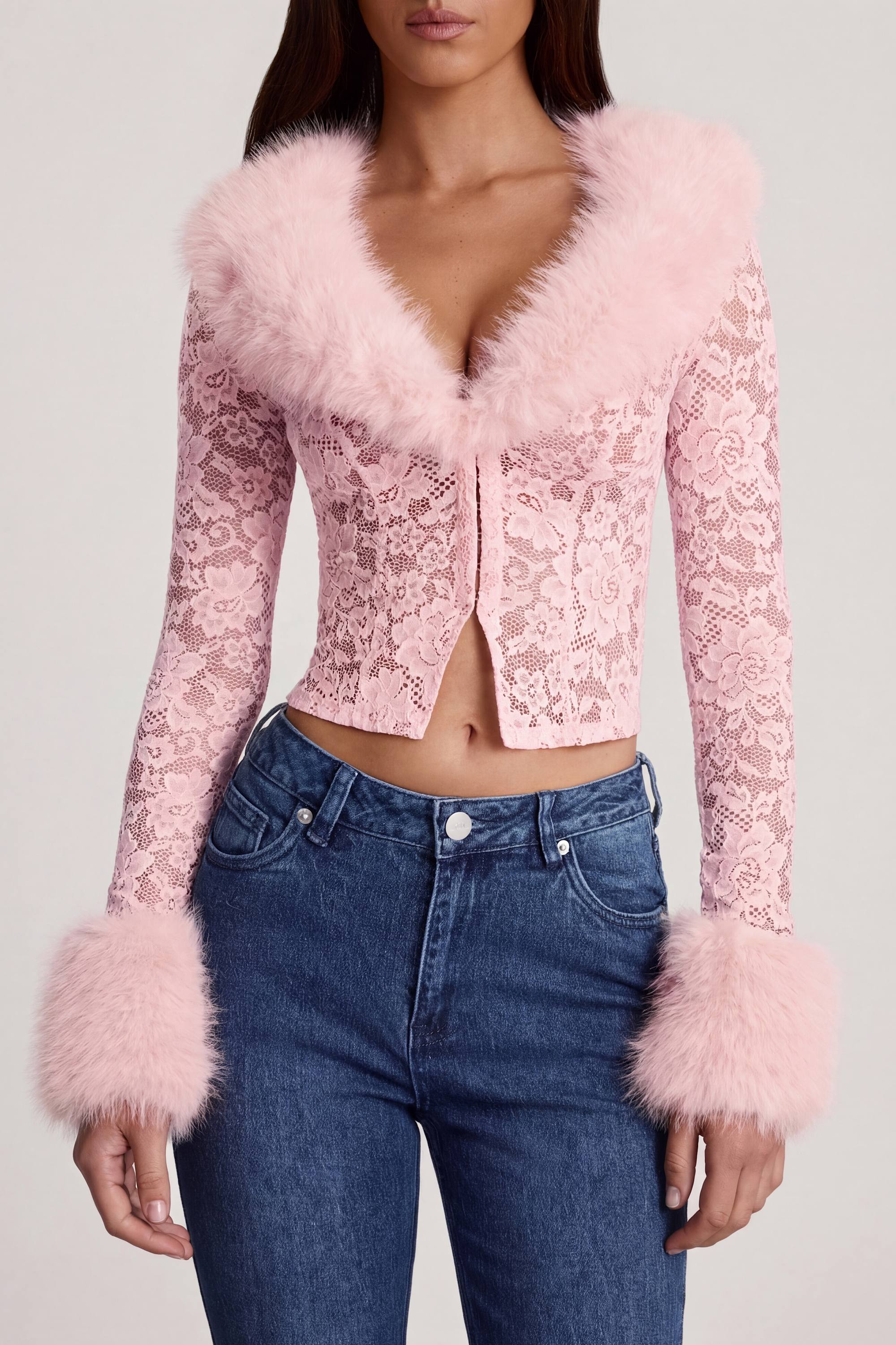 Sheer Lace Faux Fur Trim Cardigan in Pink