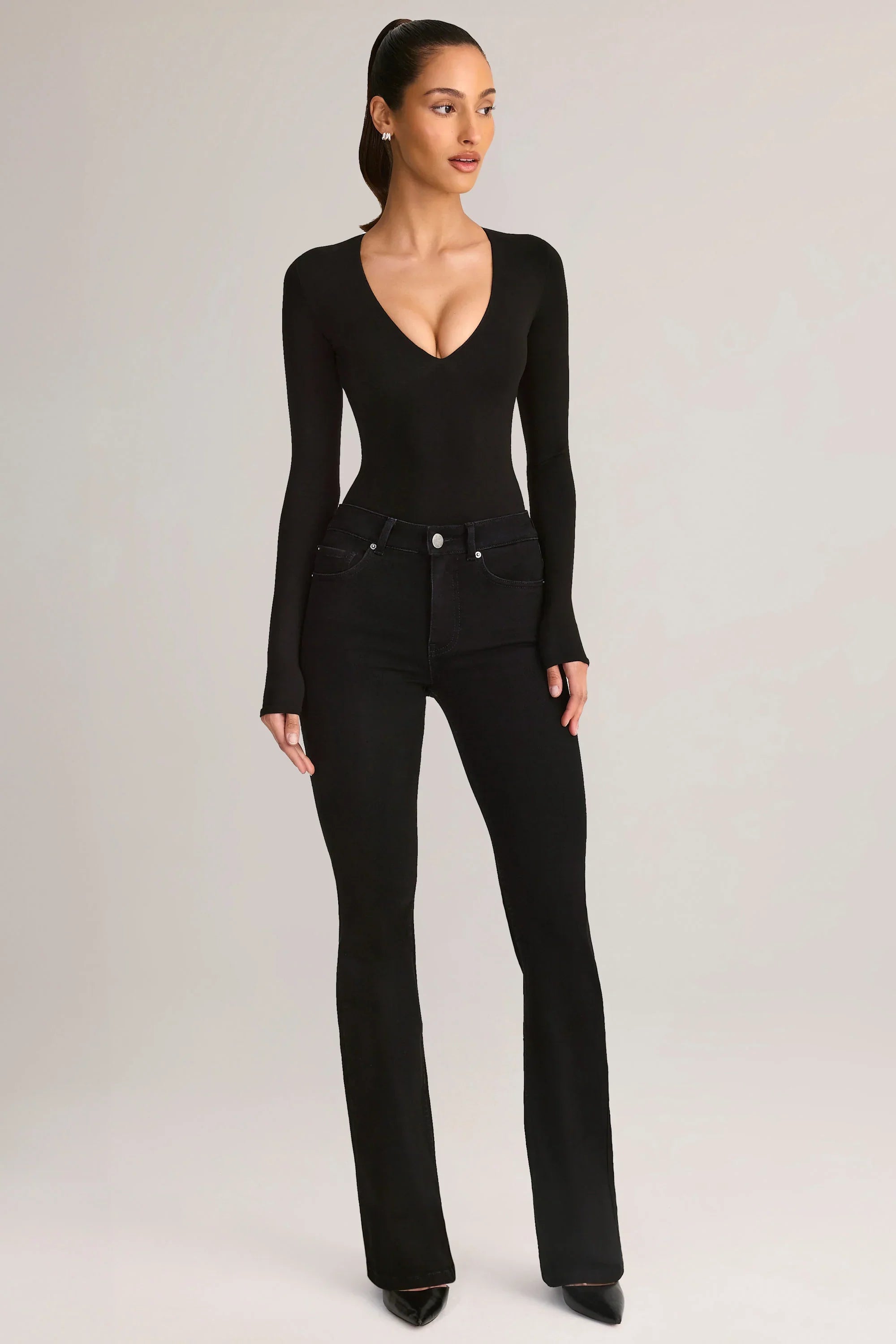 Denim Mid Rise Flared Jeans in Black