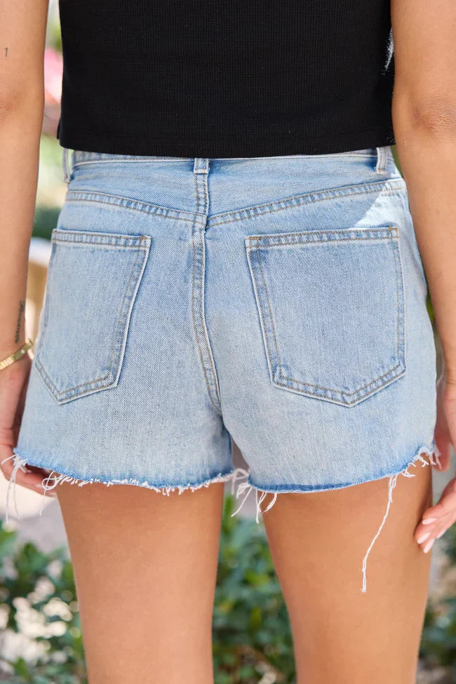 Give It A Go Light Wash Raw Hem Denim Shorts
