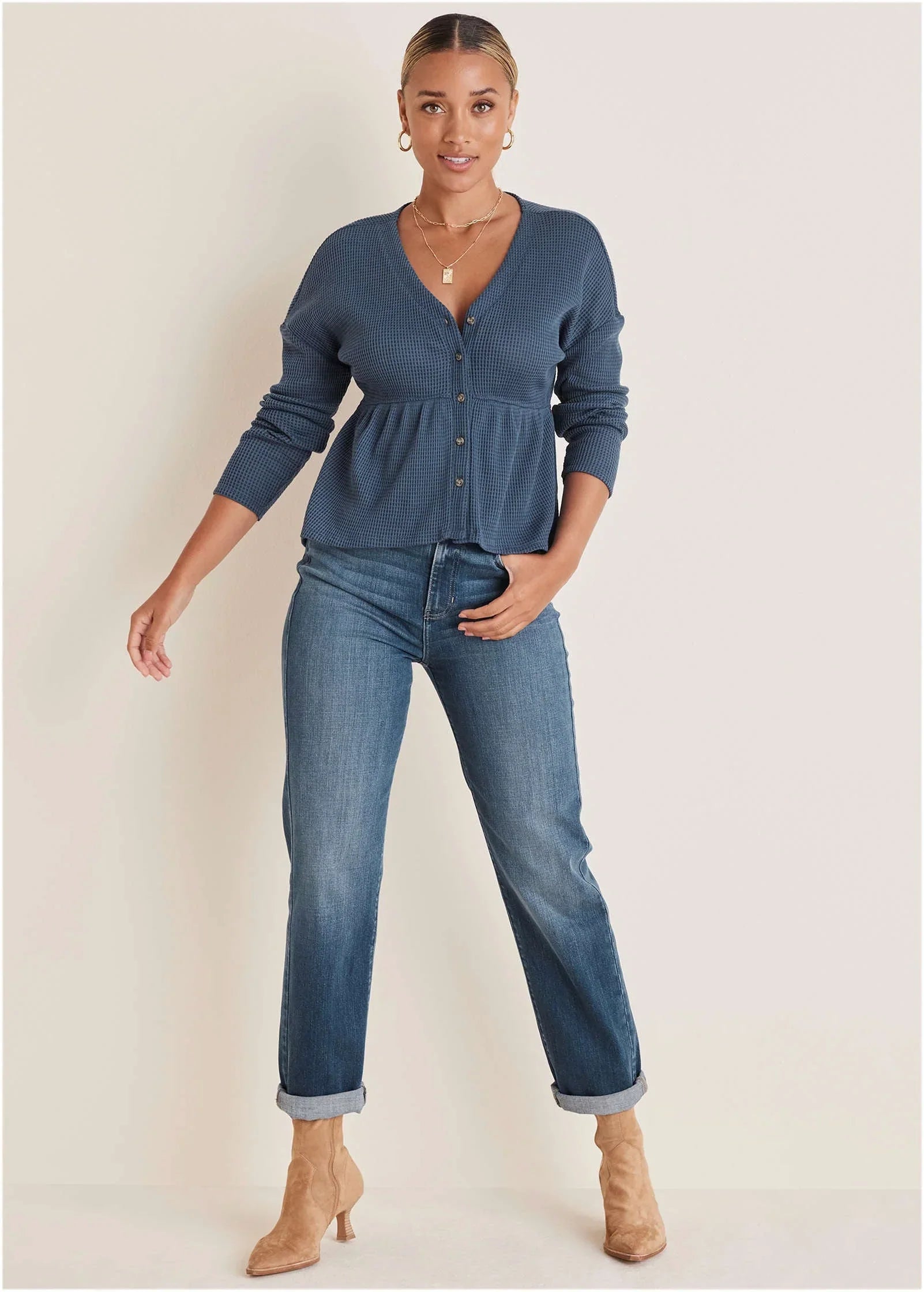 Waffle Babydoll Henley Vintage Indigo