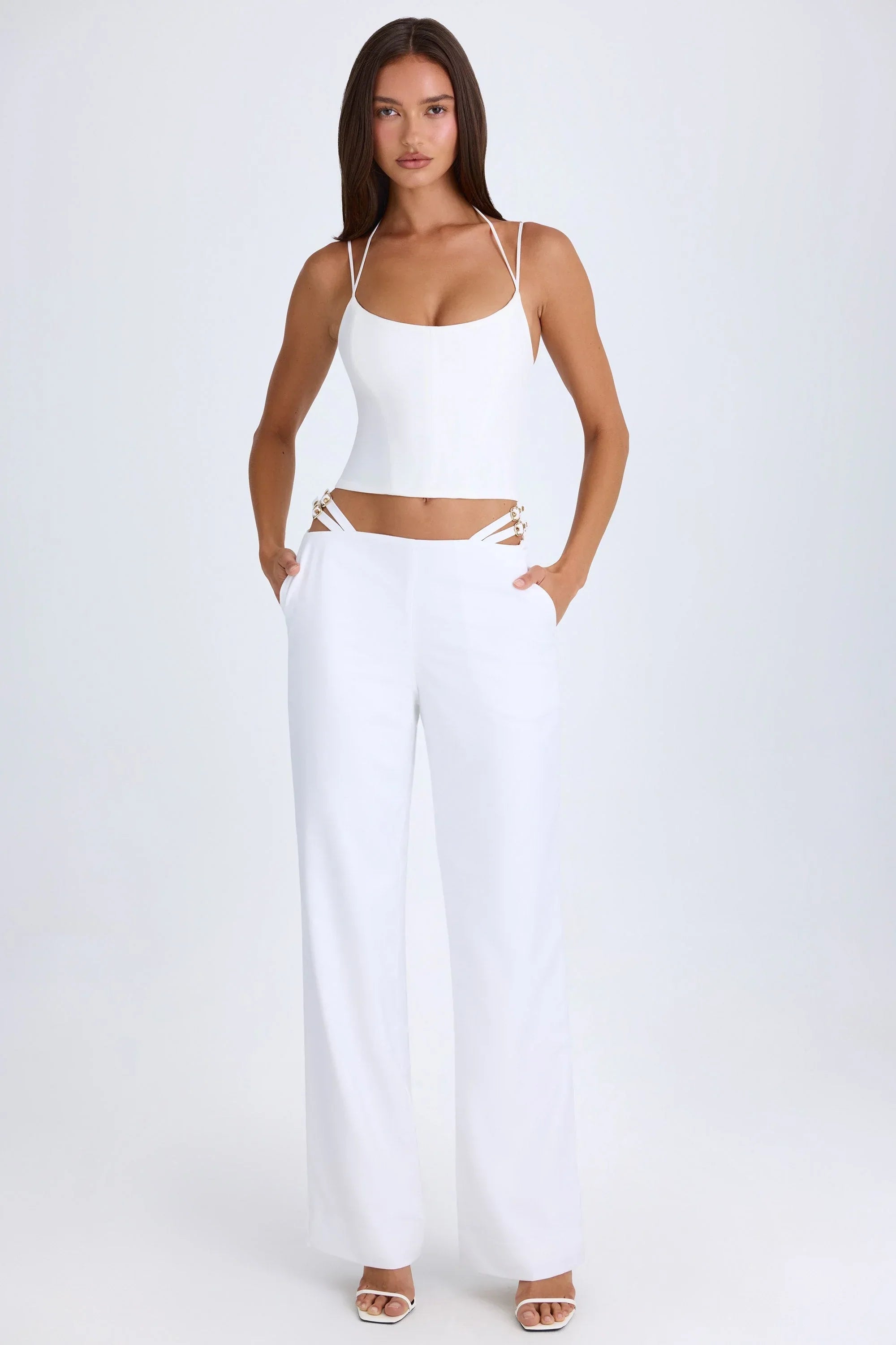 Belted Cut Out Wide Leg Trousers in White