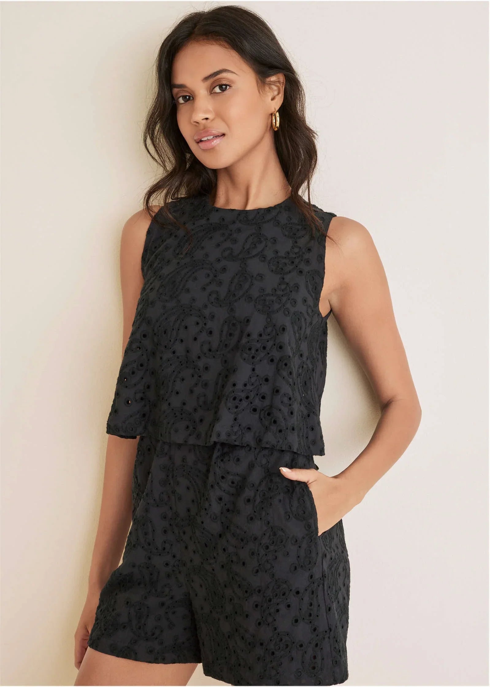 Paisley Eyelet Romper Black