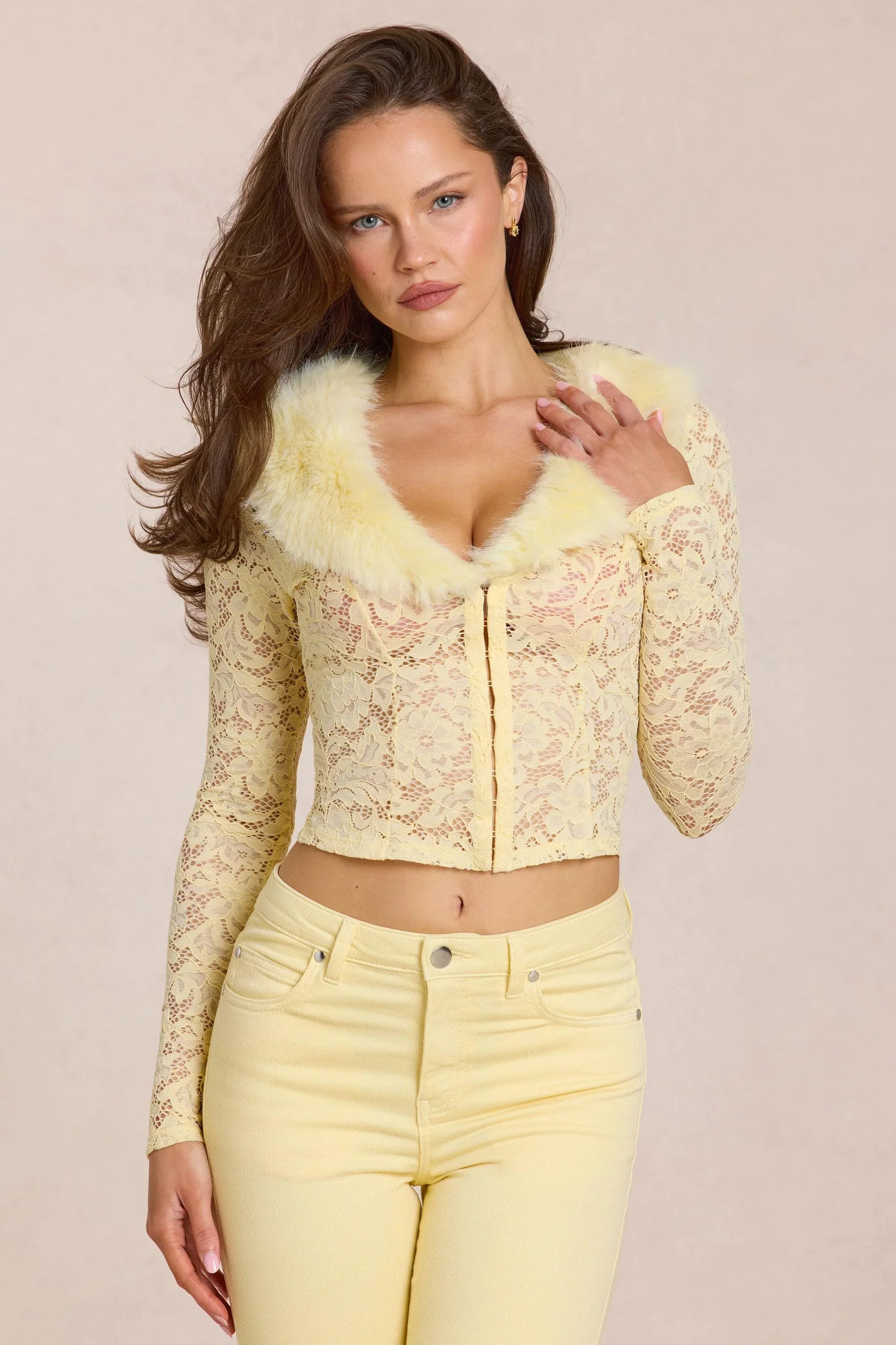 Lace Faux Fur Trim Cardigan in Lemon Yellow