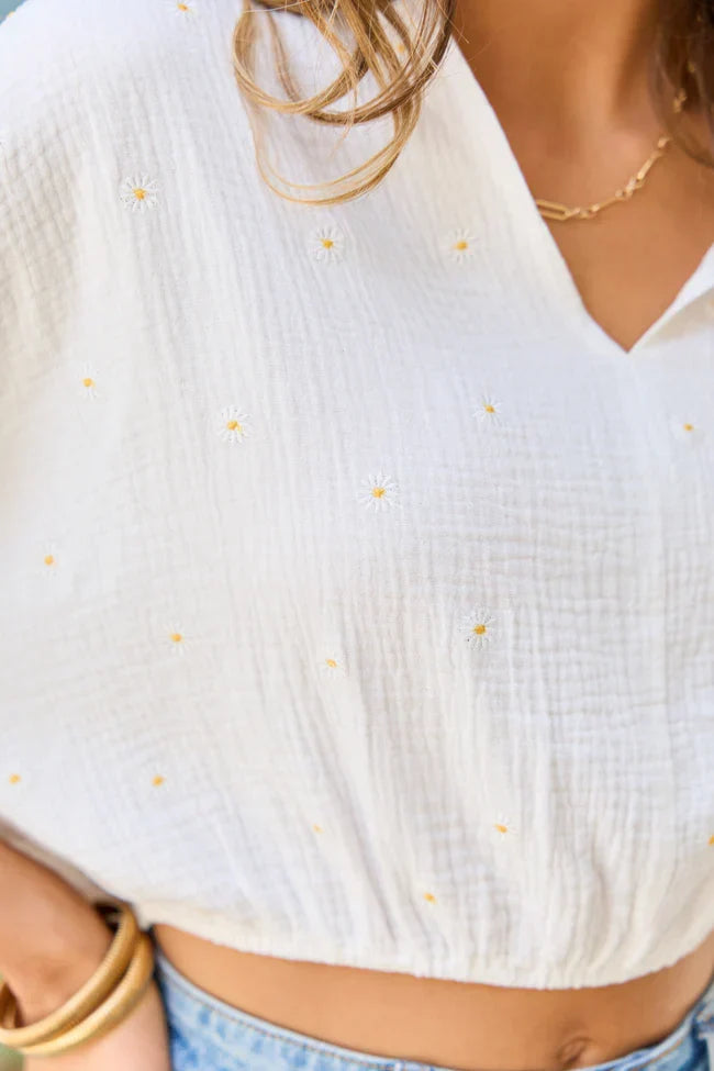 Cora Ivory Daisy Embroidered Gauze Top