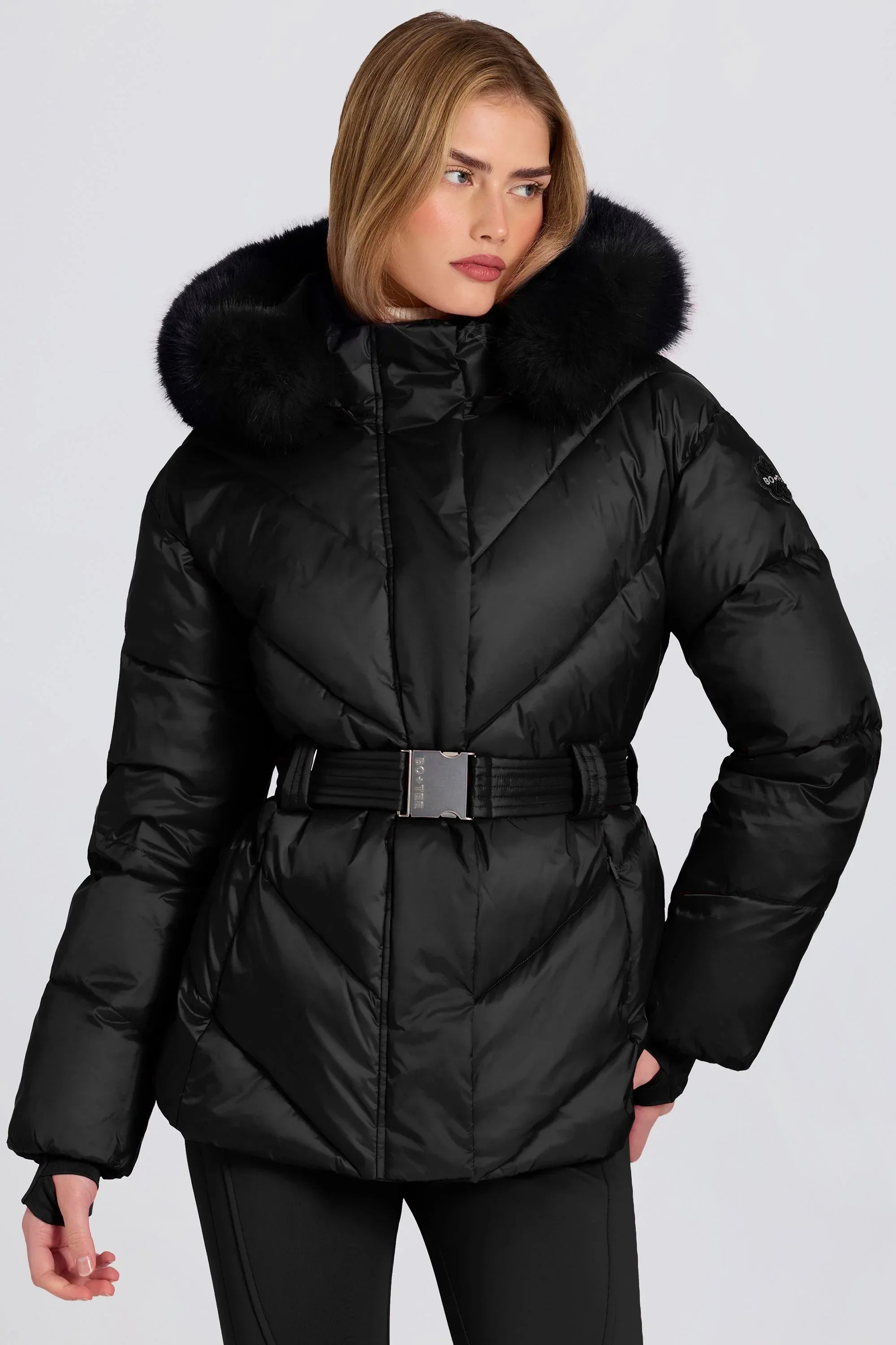 Waterproof Faux Fur Hood Ski Jacket in Black