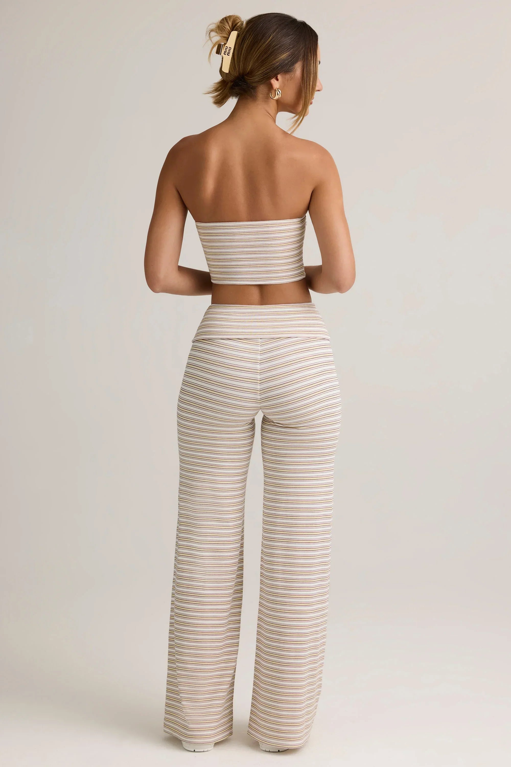 Modal Foldover Wide Leg Trousers in Pink Yellow Stripe