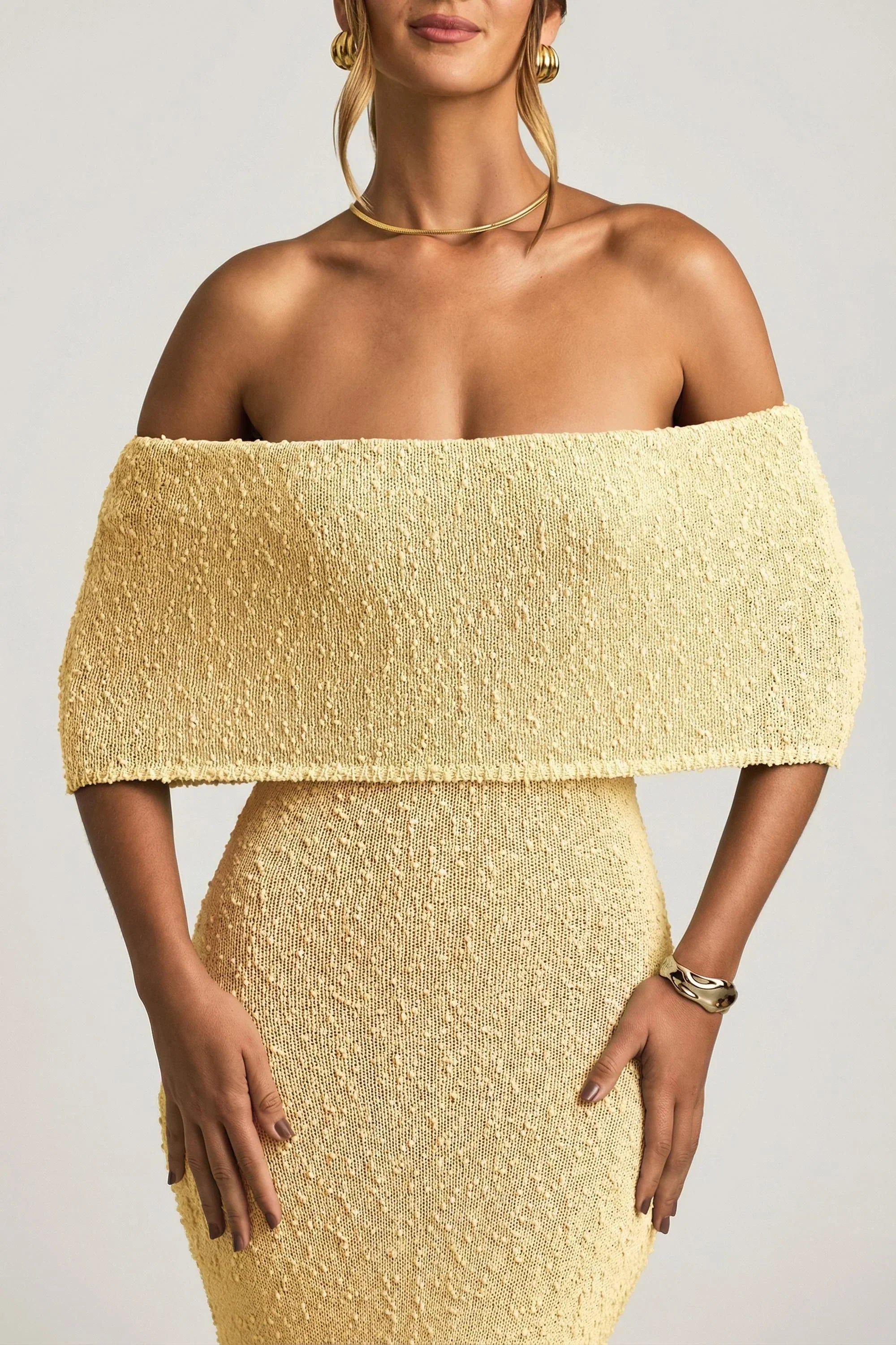 Bouclé Off Shoulder Maxi Dress in Yellow