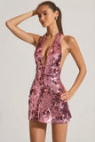 Sequin Embellished Halterneck Mini Dress in Pink