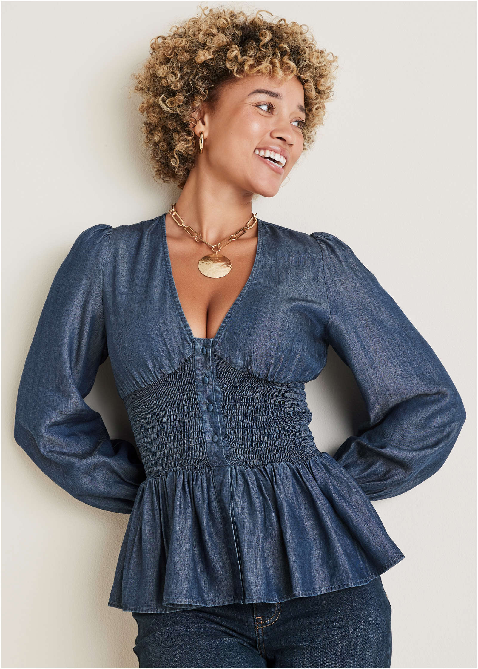 Chambray Smocked Top Dark Wash