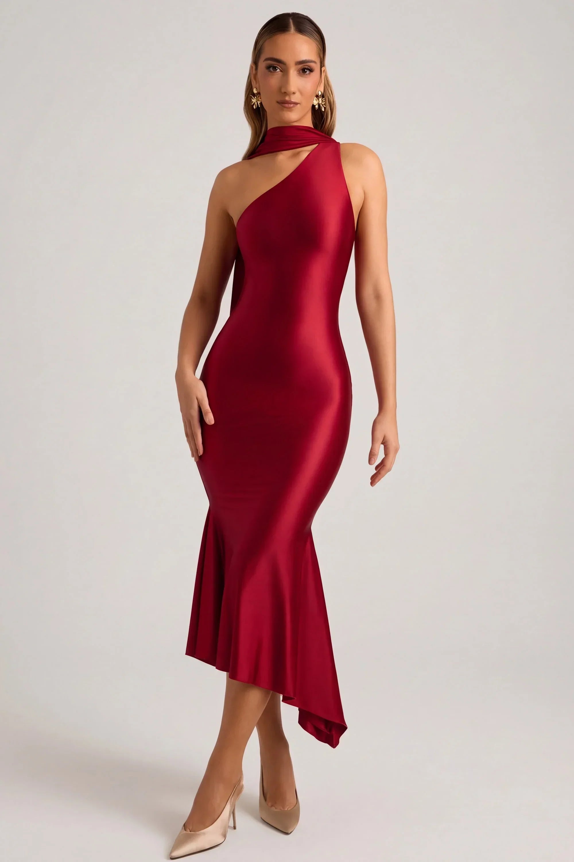 Asymmetric Scarf Detail Midaxi Dress in True Red