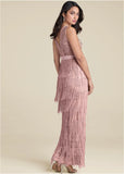 Embroidered Fringe Long Dress Tan