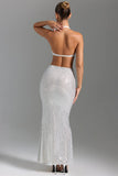 Embellished Cut Out Halterneck Maxi Dress in White