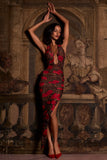 Halterneck Split Hem Midaxi Dress in Rose Leopard Print