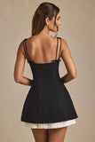 Bow Detail Pleated A Line Mini Dress in Black