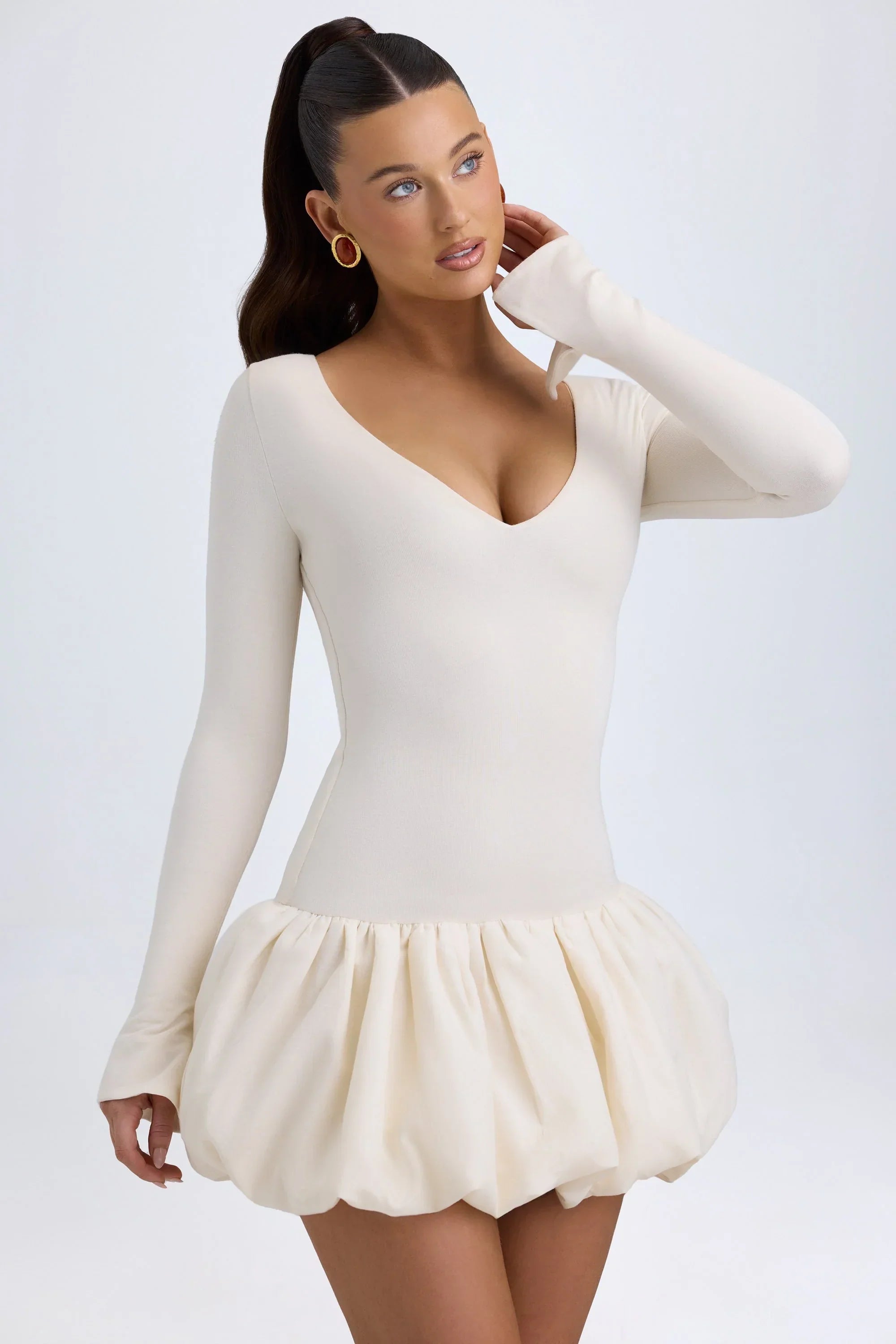 Modal Drop Waist Bubble Hem Mini Dress in Ivory