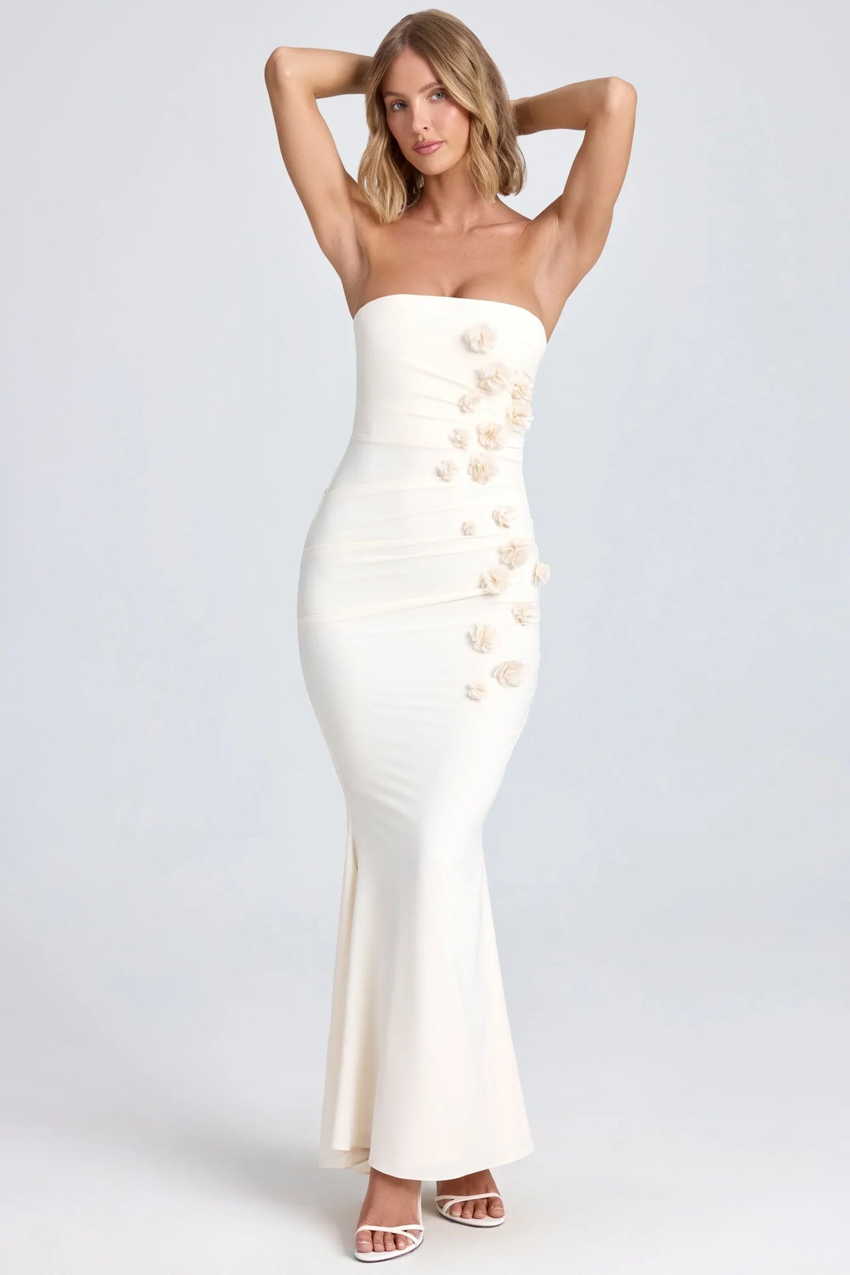Draped Floral Appliqué Maxi Dress in Ivory
