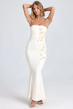 Draped Floral Appliqué Maxi Dress in Ivory