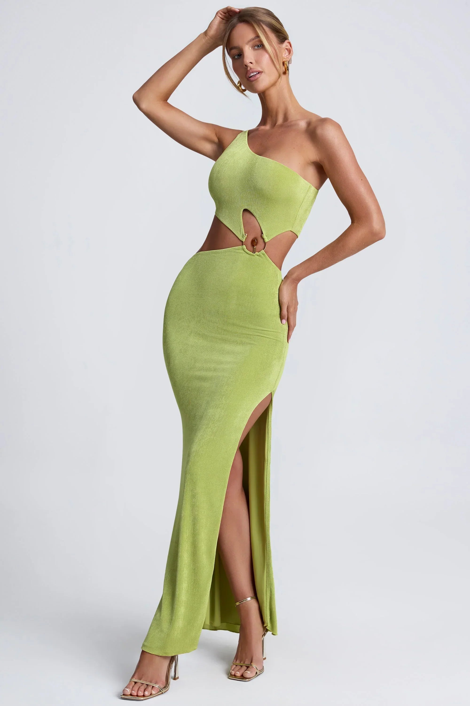 Hardware Detail One Shoulder Maxi Dress in Olive Green
