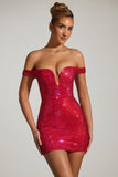 Embellished Off Shoulder Mini Dress in Crimson Red