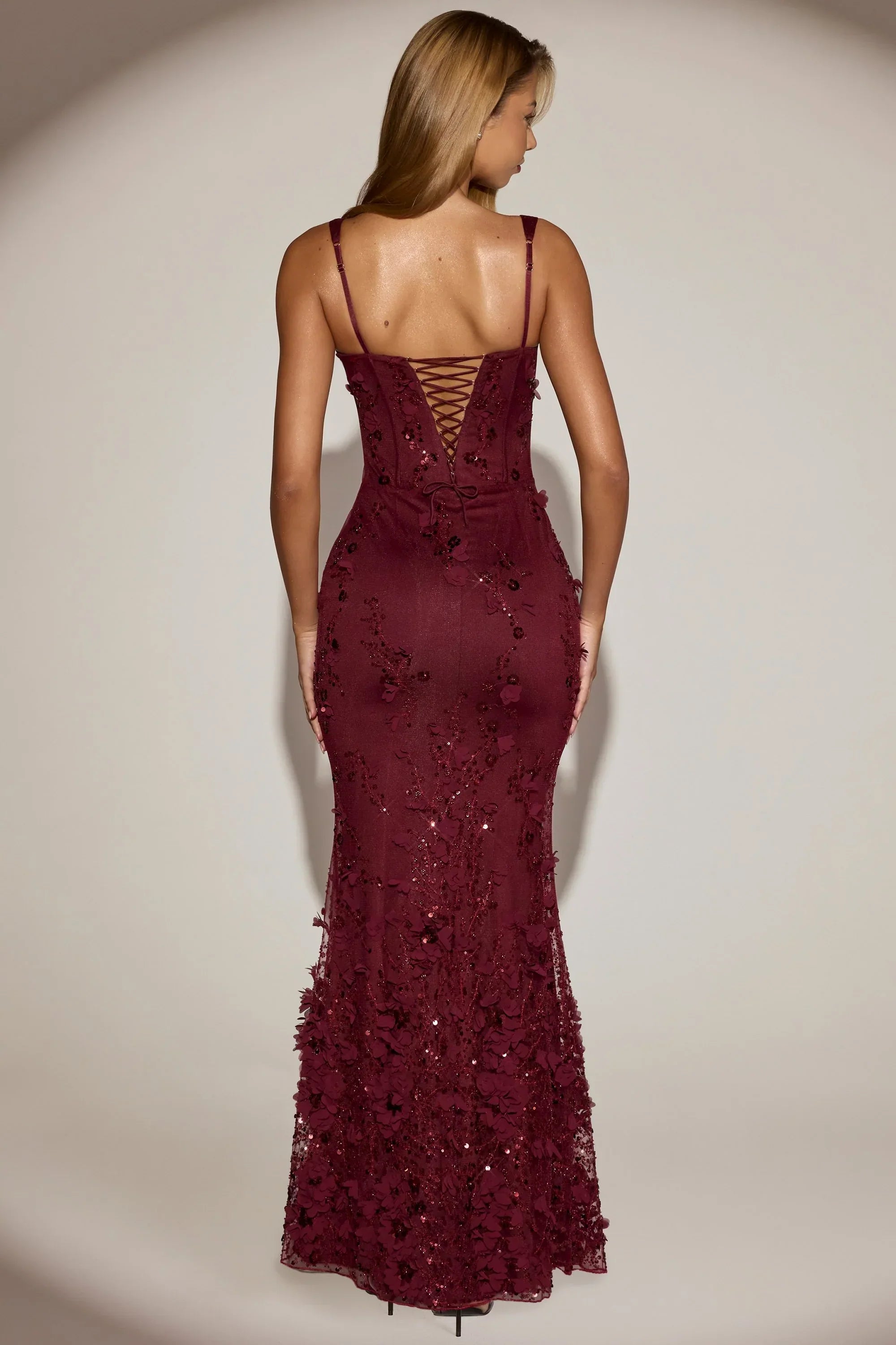 Embellished Appliqué Soft Scoop Corset Gown in Wine Red