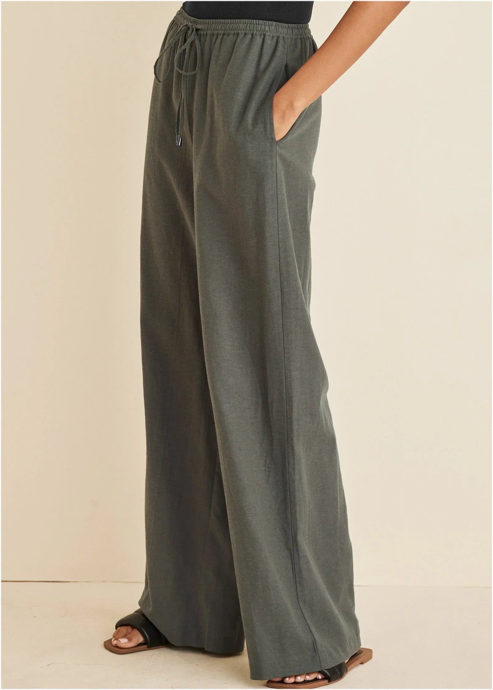 Linen Wide Leg Pants Olive