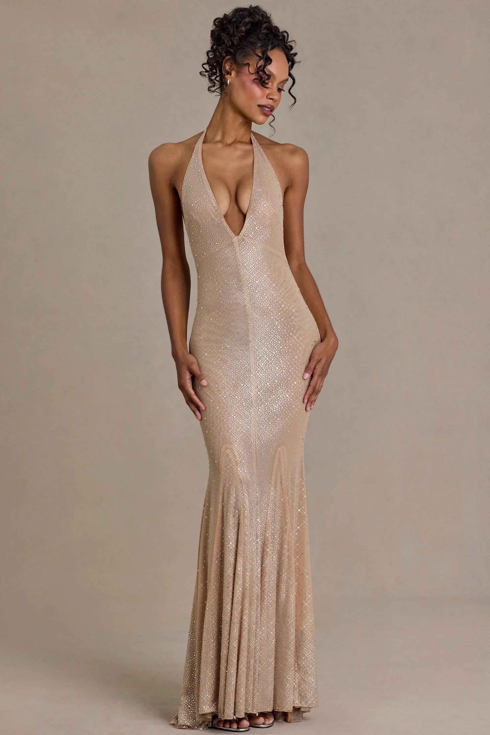 Embellished Plunge Neck Open Back Gown in Beige Gold
