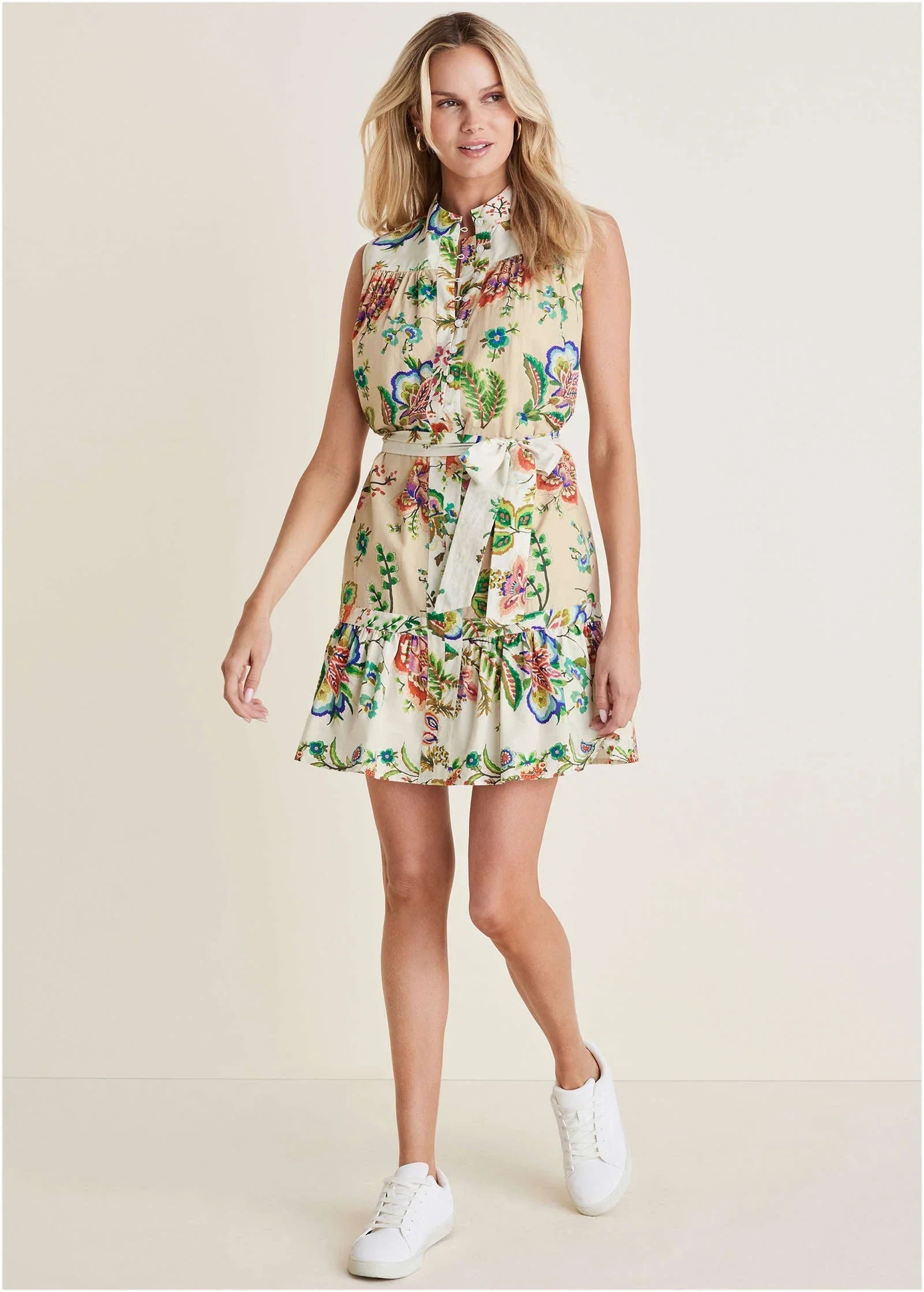 Ruffle Hem Shirt Dress Allover Needlework Floral