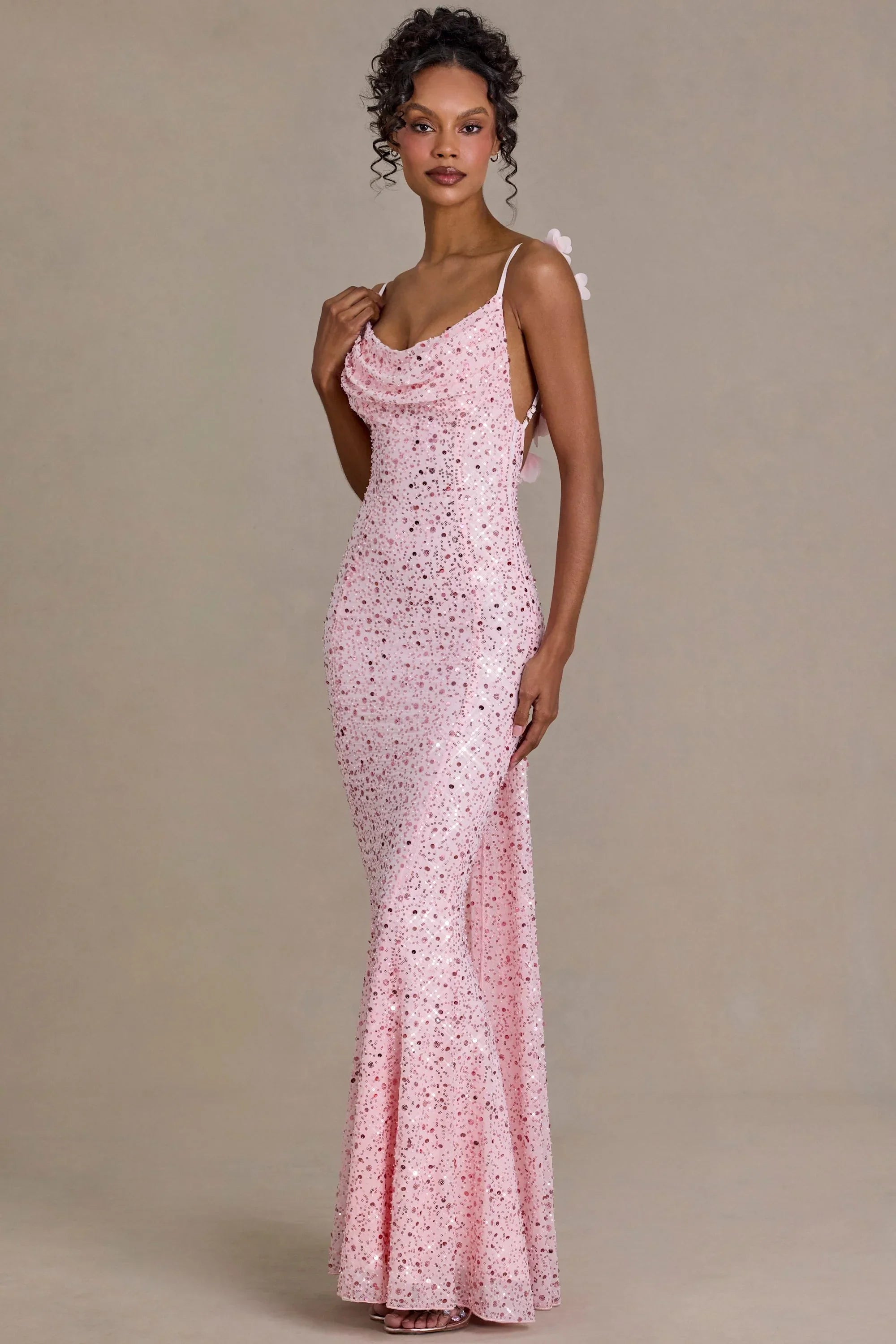 Embellished Open Back Maxi Dress in Baby Pink