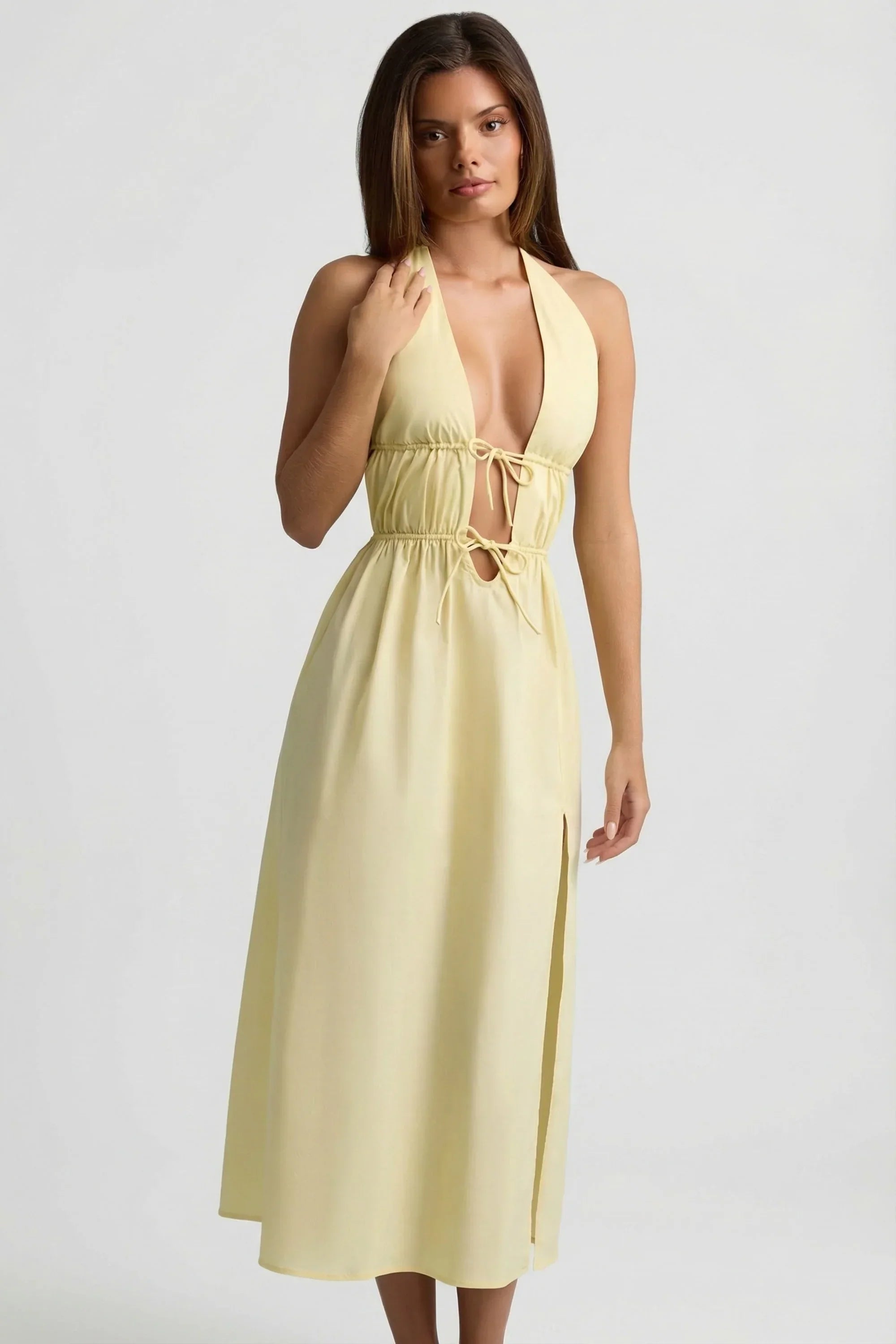Backless Cotton Poplin Midaxi Dress in Lemon Yellow