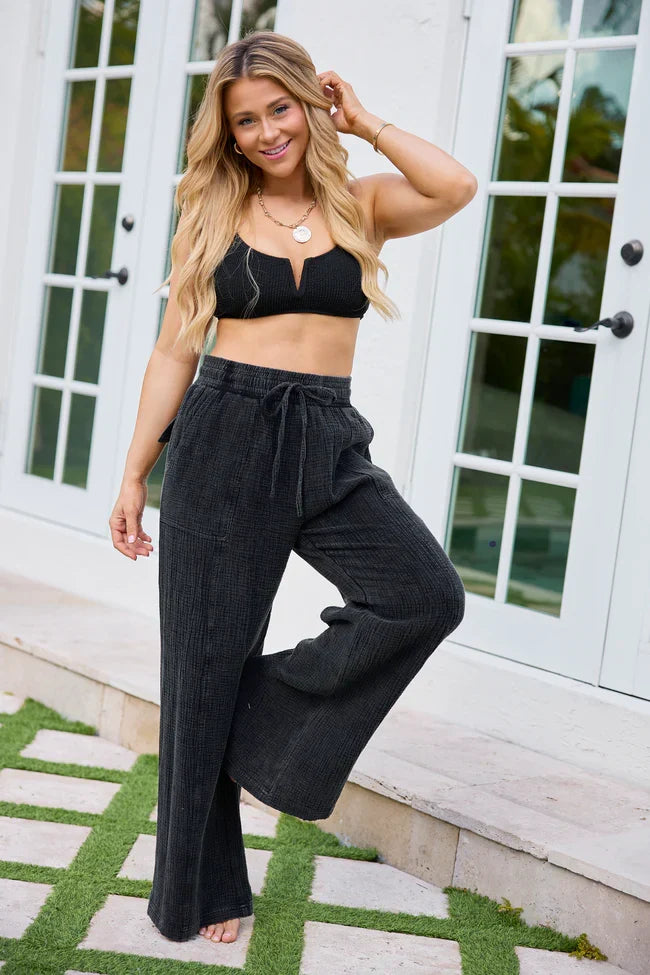 Daphne Black Acid Wash Gauze Pants