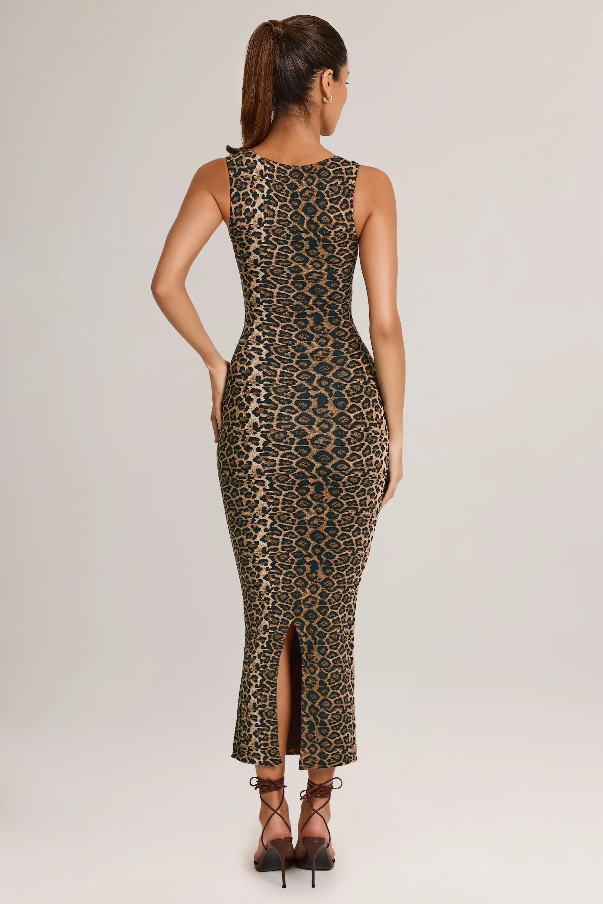 Modal Square Neck Bodycon Midi Dress in Leopard Print