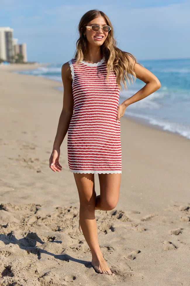 Red Stripe Crochet Cover Up Dress