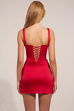 Satin Sweetheart Neck A Line Mini Dress in Rose Red