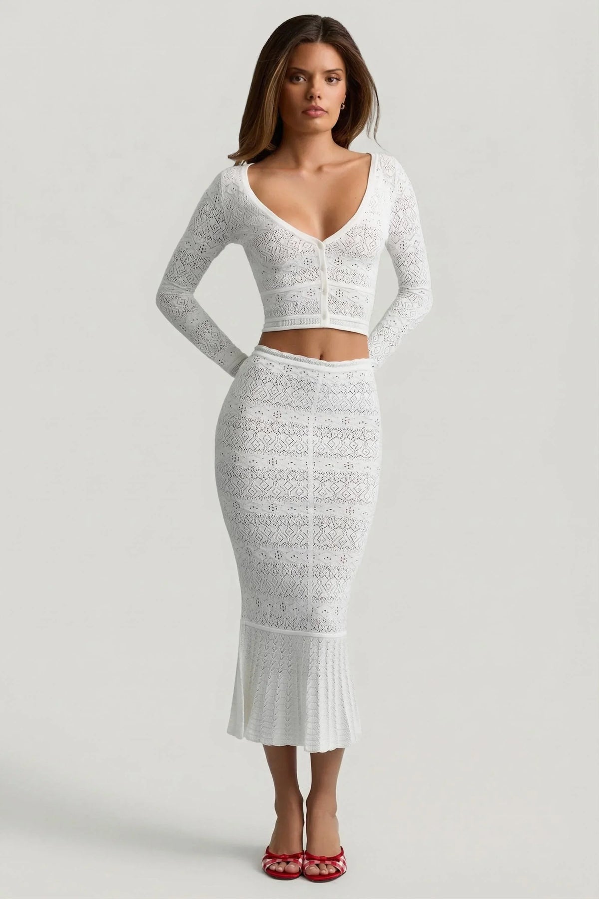 Ruffle Trim Pointelle Knit Midaxi Skirt in White