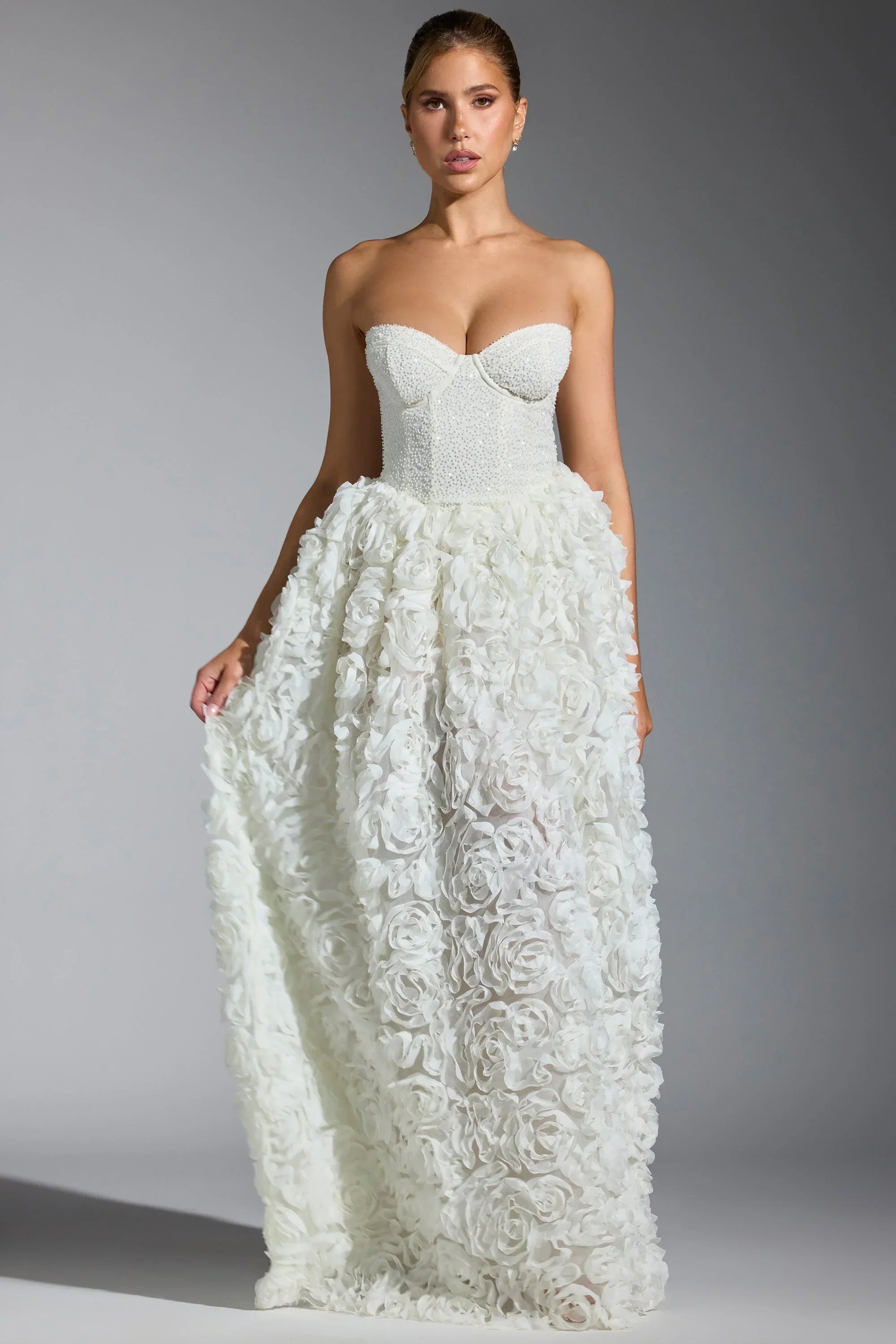 Embellished Floral Appliqué Corset Gown in White