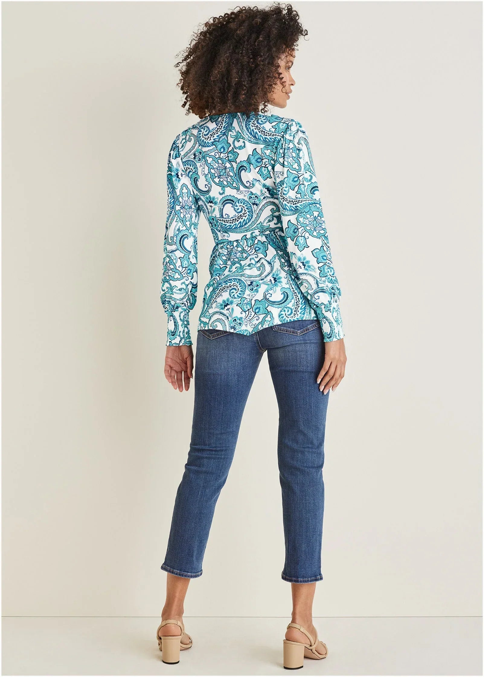 Balloon Sleeve Wrap Front Top Blue Paisley With Border