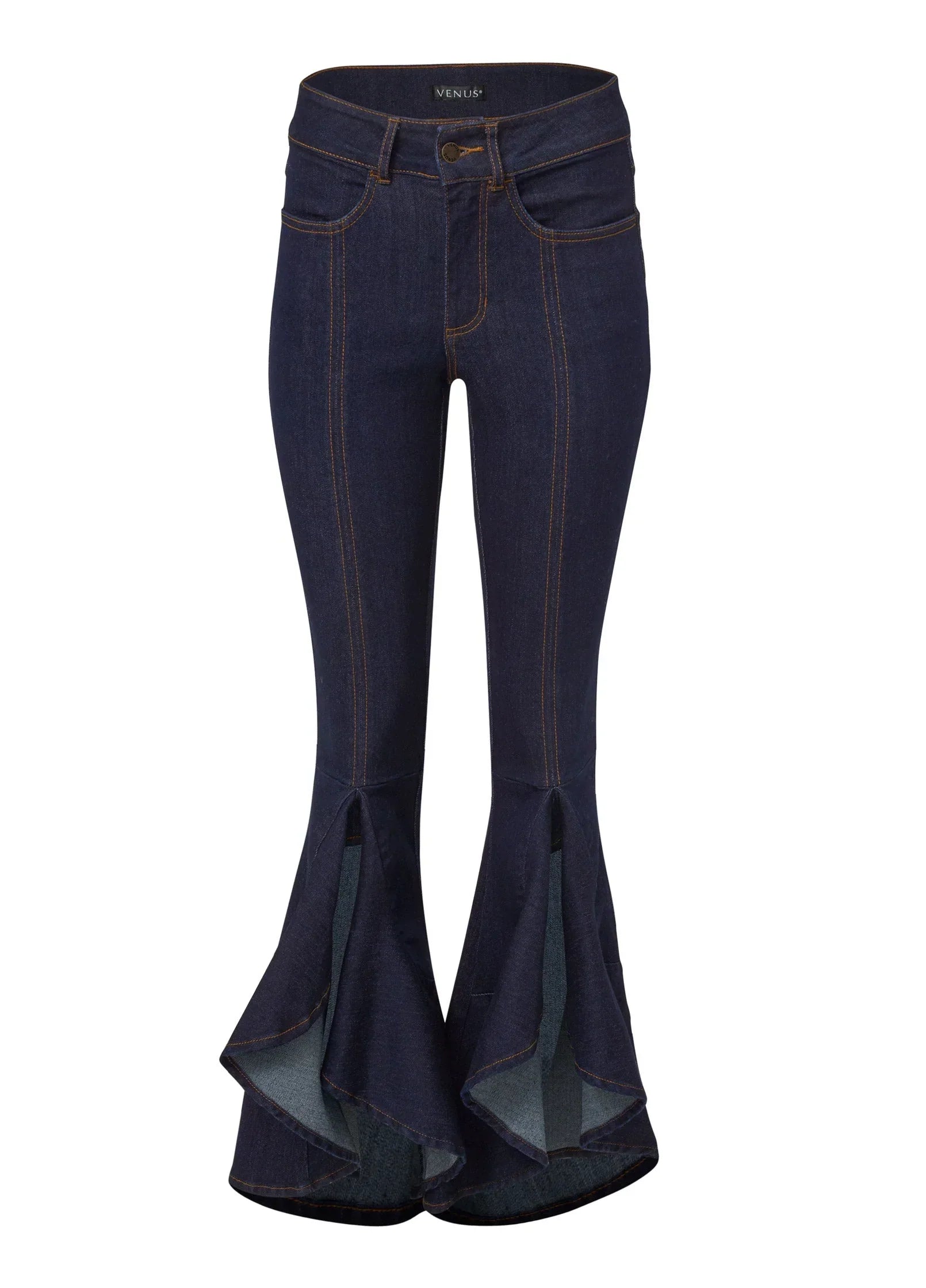 Ruffle Slit Hem Jeans Indigo Blue