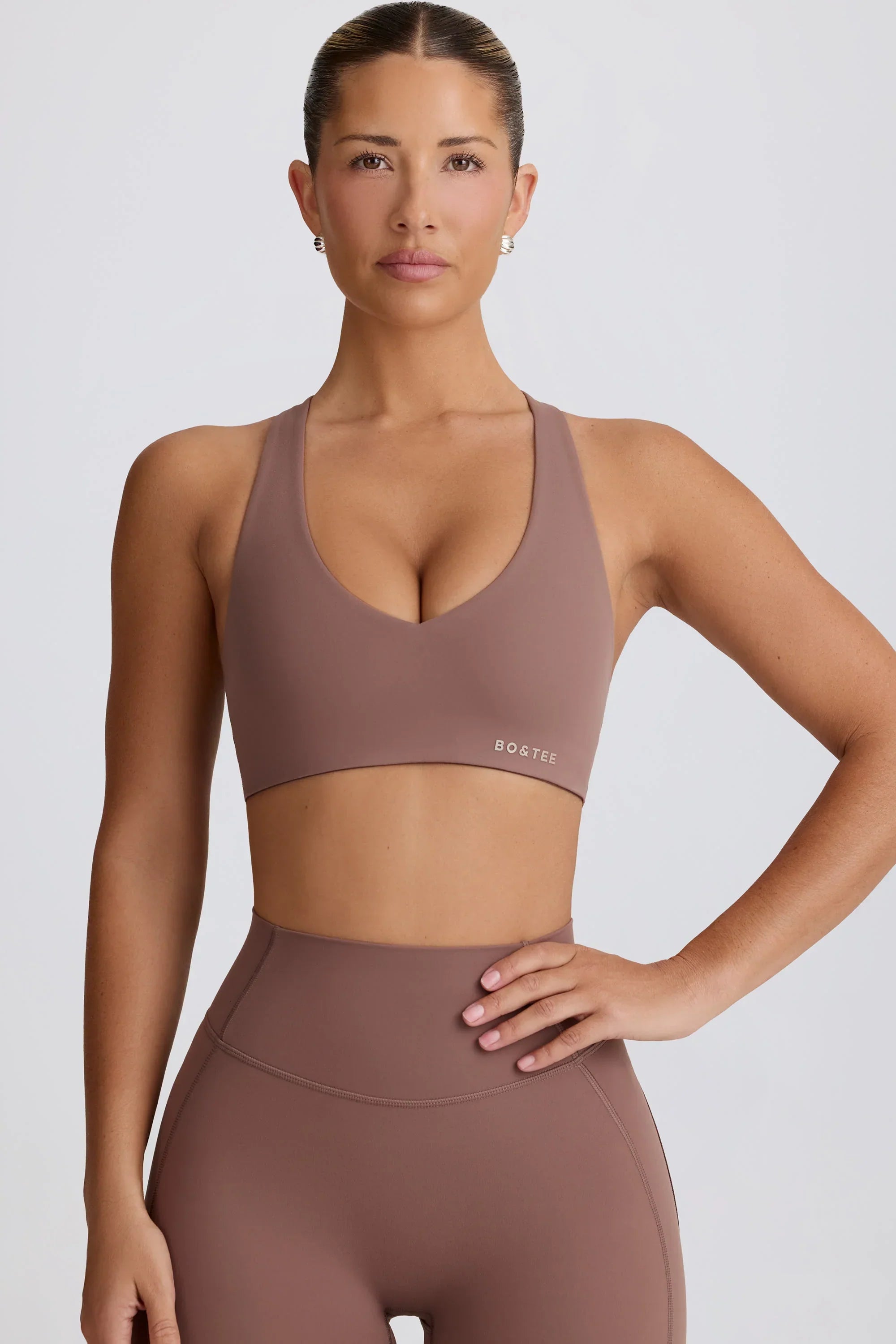 Soft Active V Neck Sports Bra in Mocha