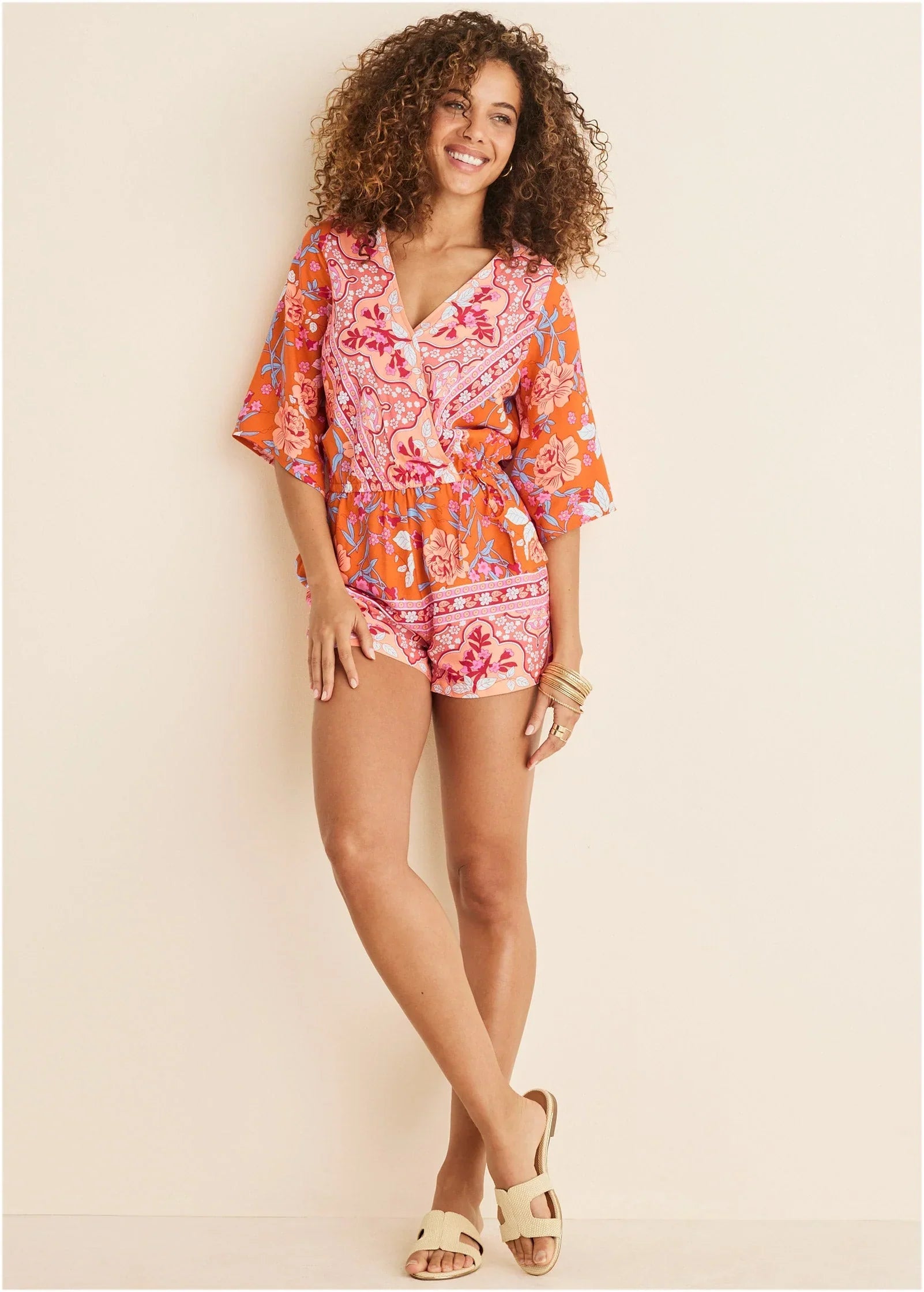 3 4 Sleeve Printed Romper Orange Multi