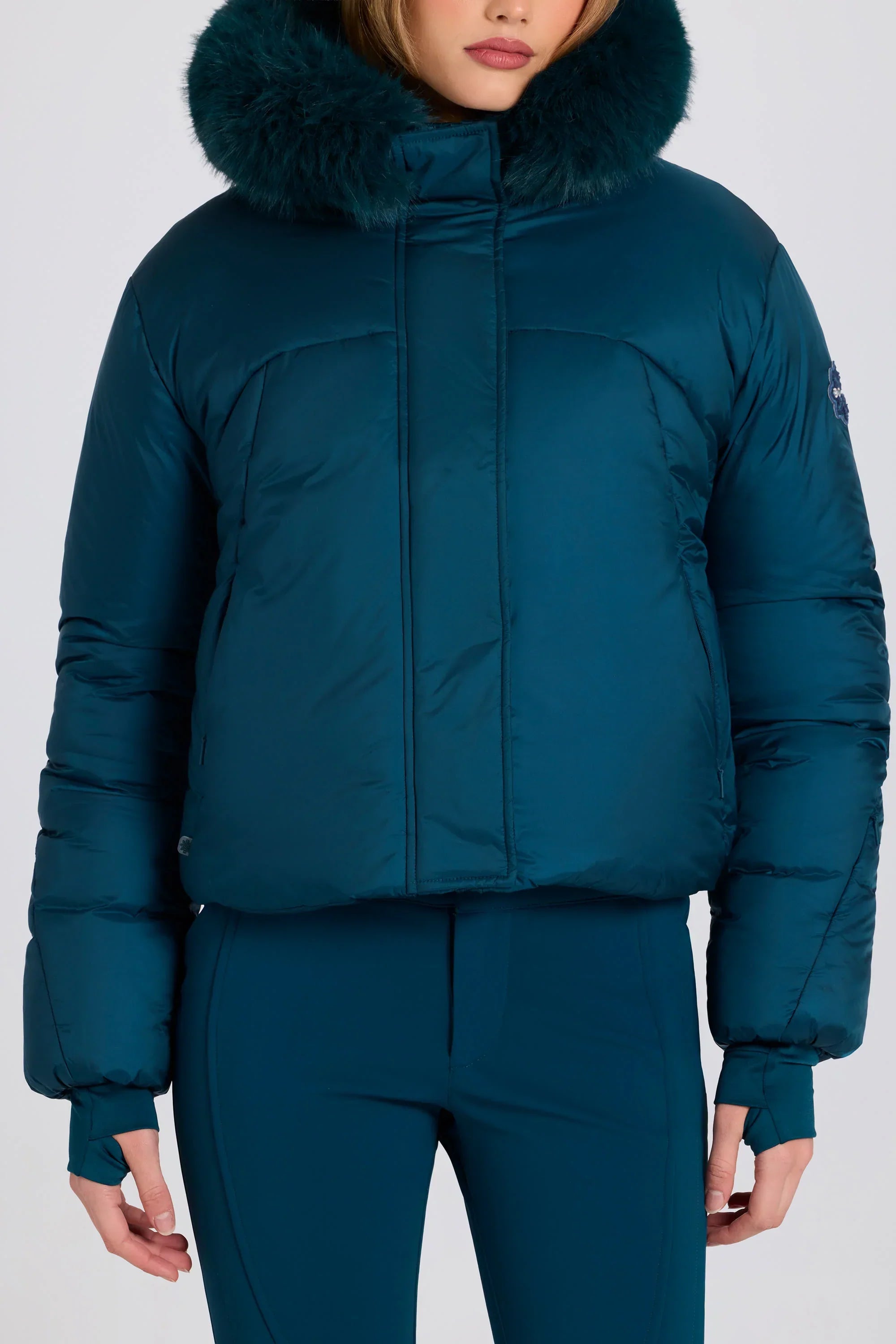 Waterproof Faux Fur Hood Cropped Ski Jacket in Teal