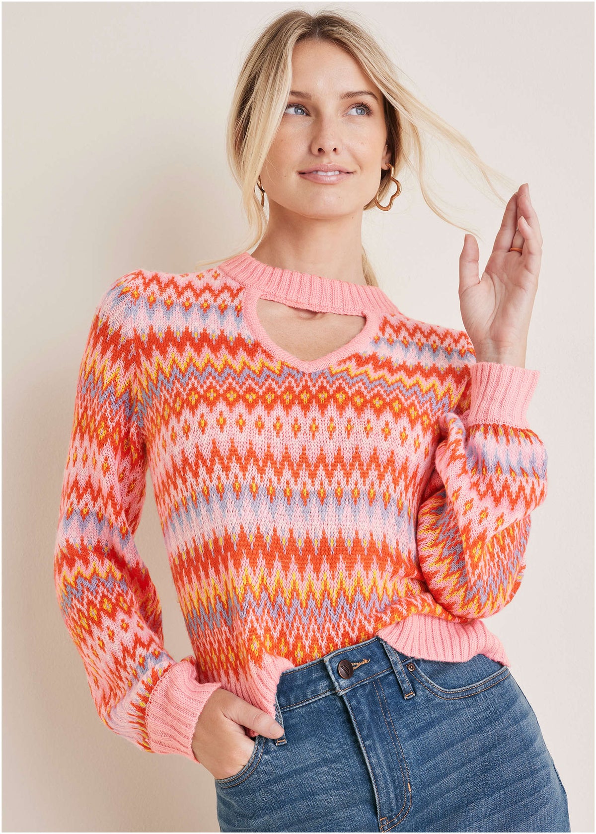 Fair Isle Mock Neck Sweater Peach Dust