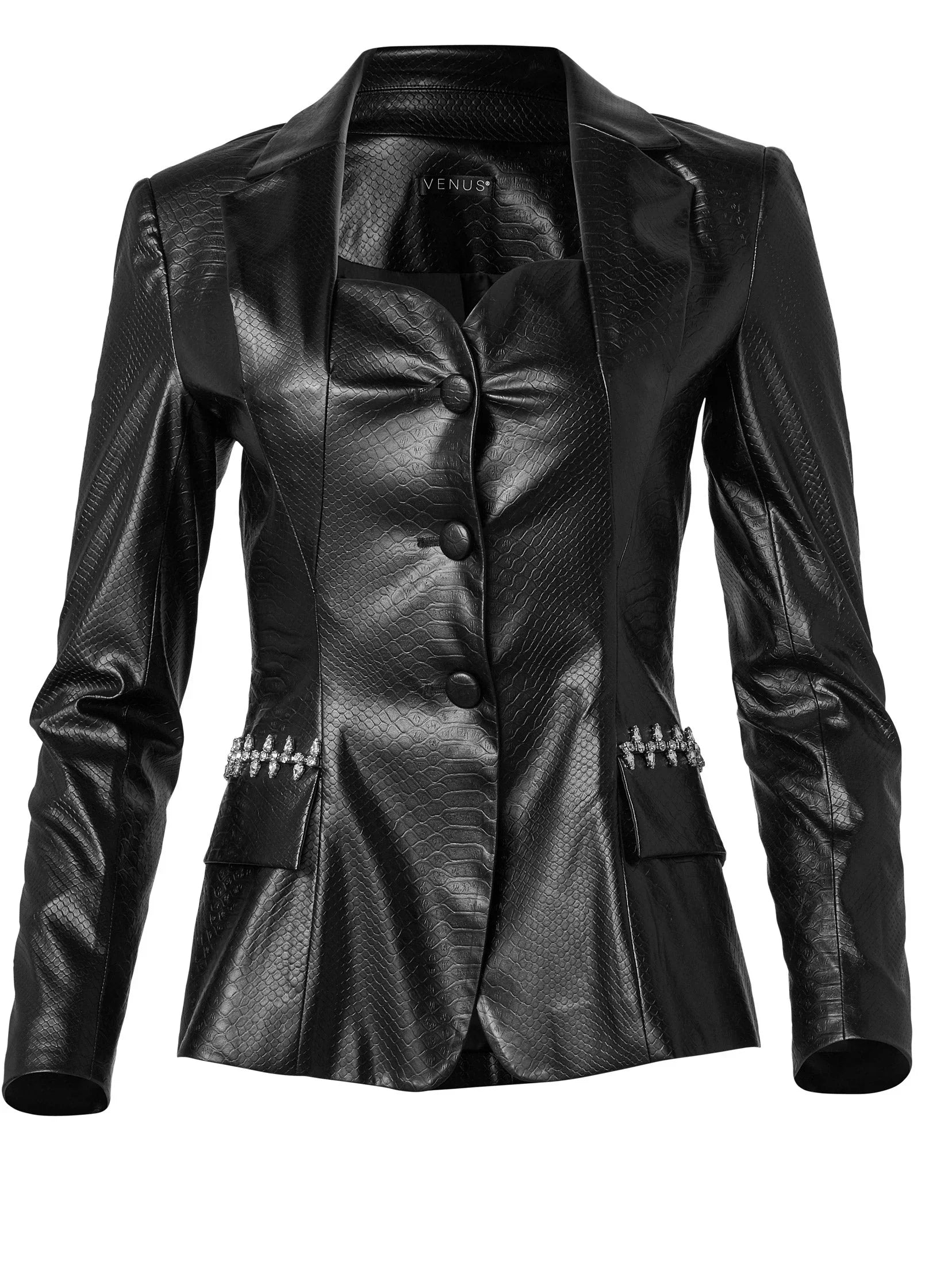 Snake Embossed Faux Leather Embellished Blazer Black
