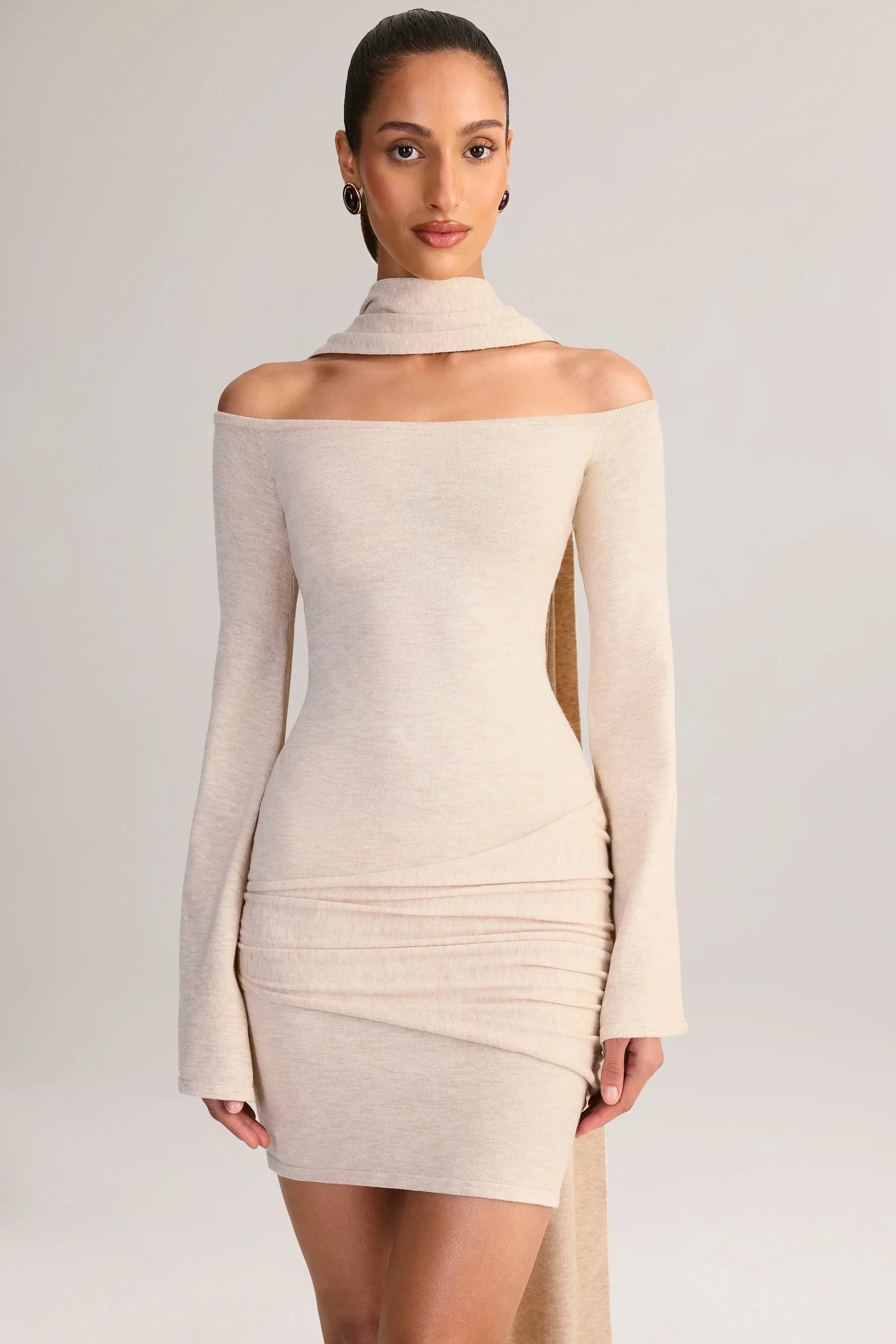 Knit Scarf Detail Off Shoulder Mini Dress in Cream