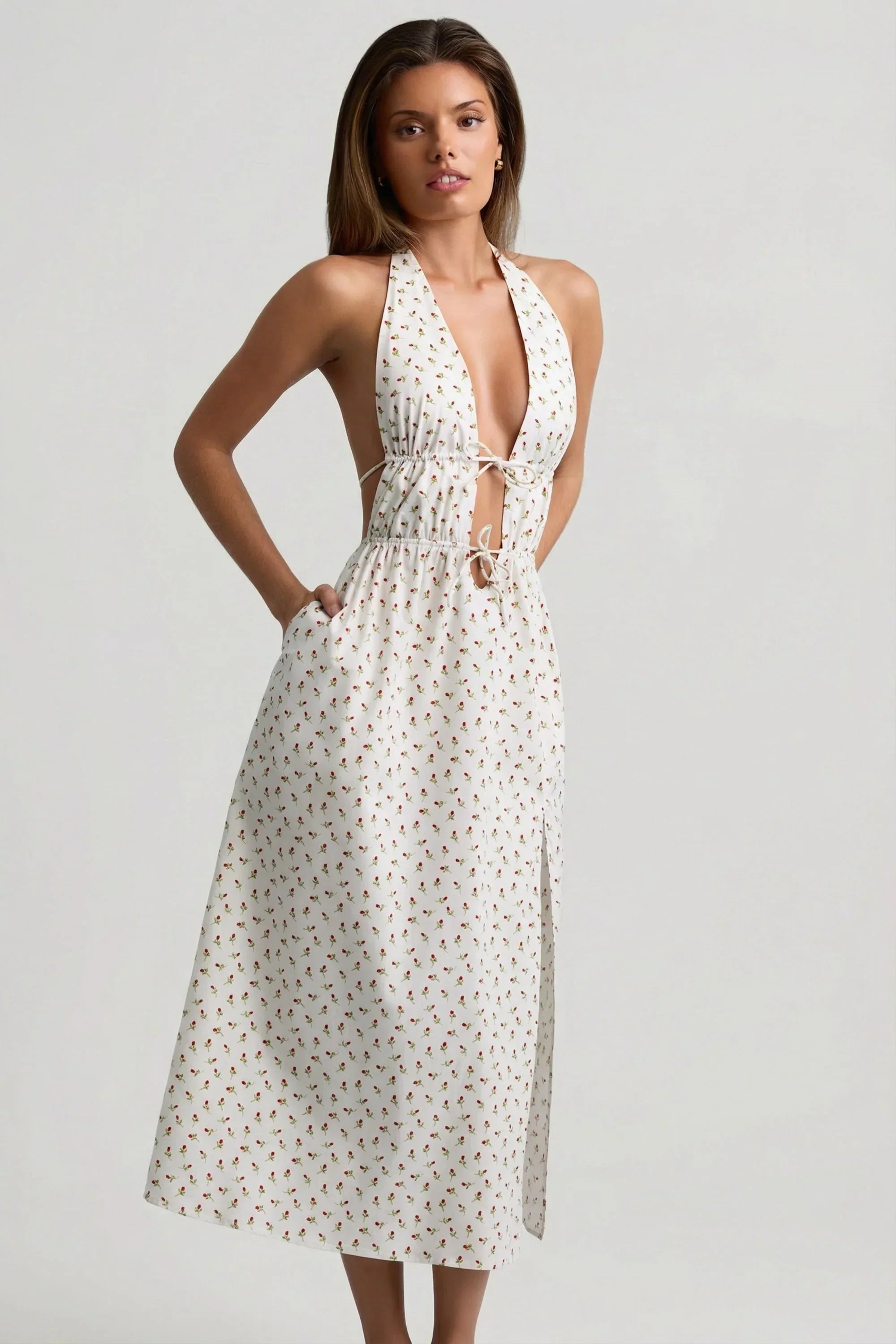 Backless Cotton Poplin Midaxi Dress in Rose Print