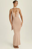Scarf Detail Cut Out Halterneck Maxi Dress in Warm Peach