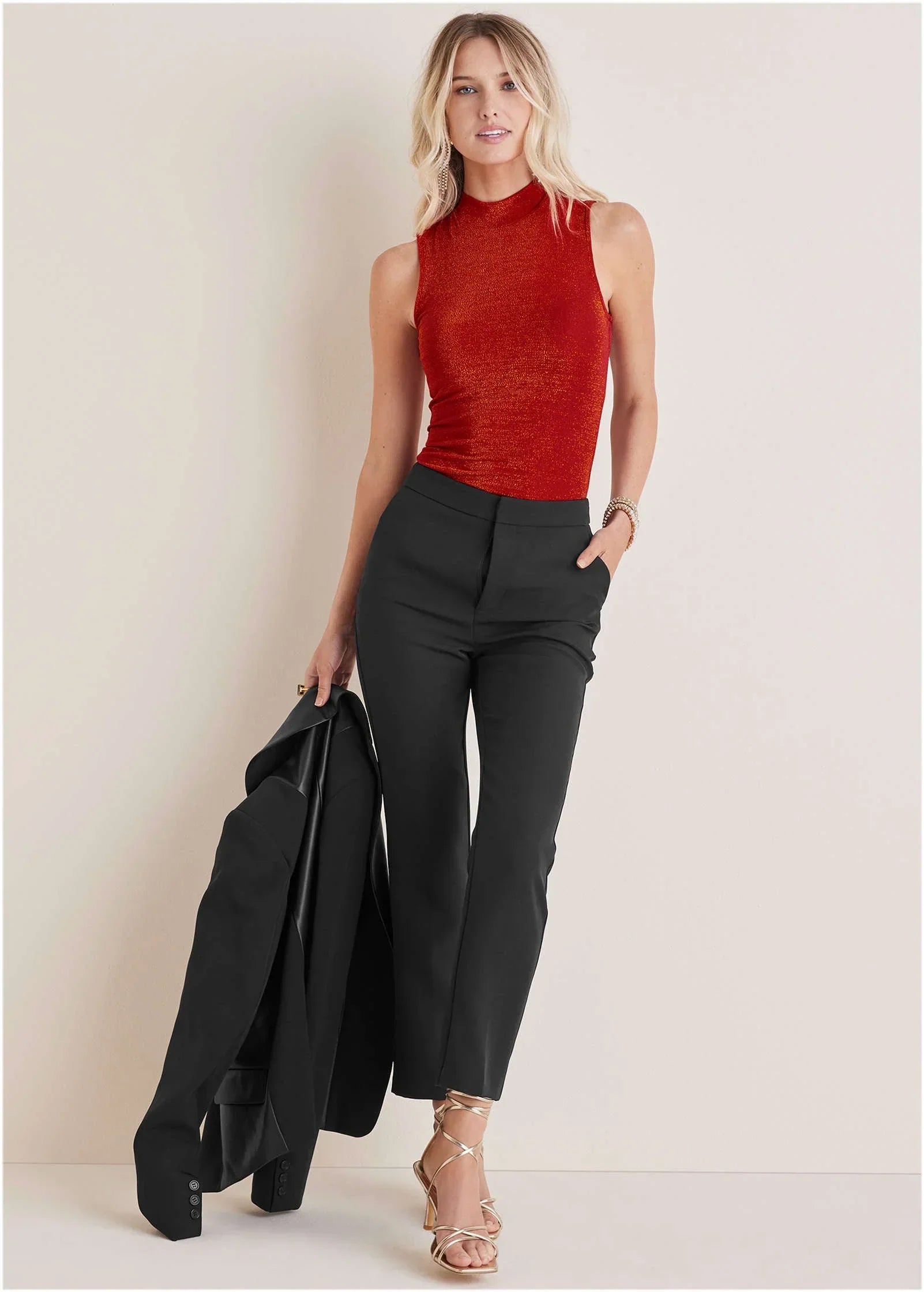 Glitter Knit Mock Neck Tank Racing Red Glitter Knit