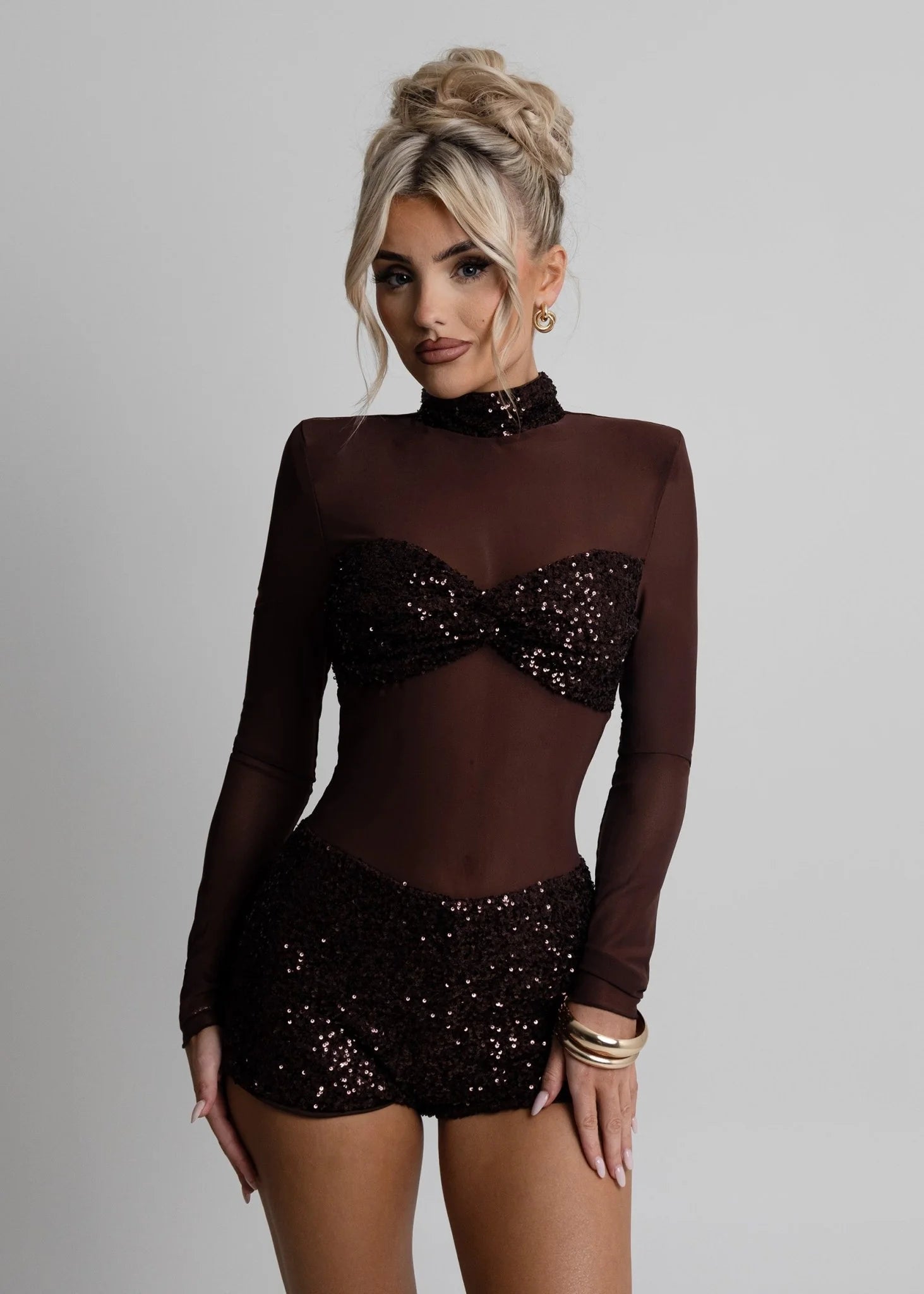 Sheer Grace Sequin Mesh Playsuit Brown