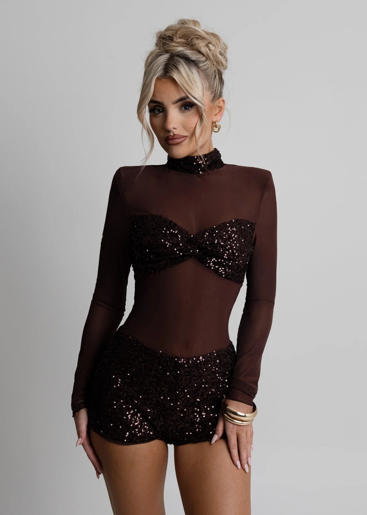 Sheer Grace Sequin Mesh Playsuit Brown
