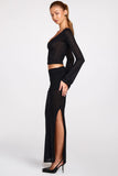 Sheer Jersey Low Rise Draped Maxi Skirt in Black
