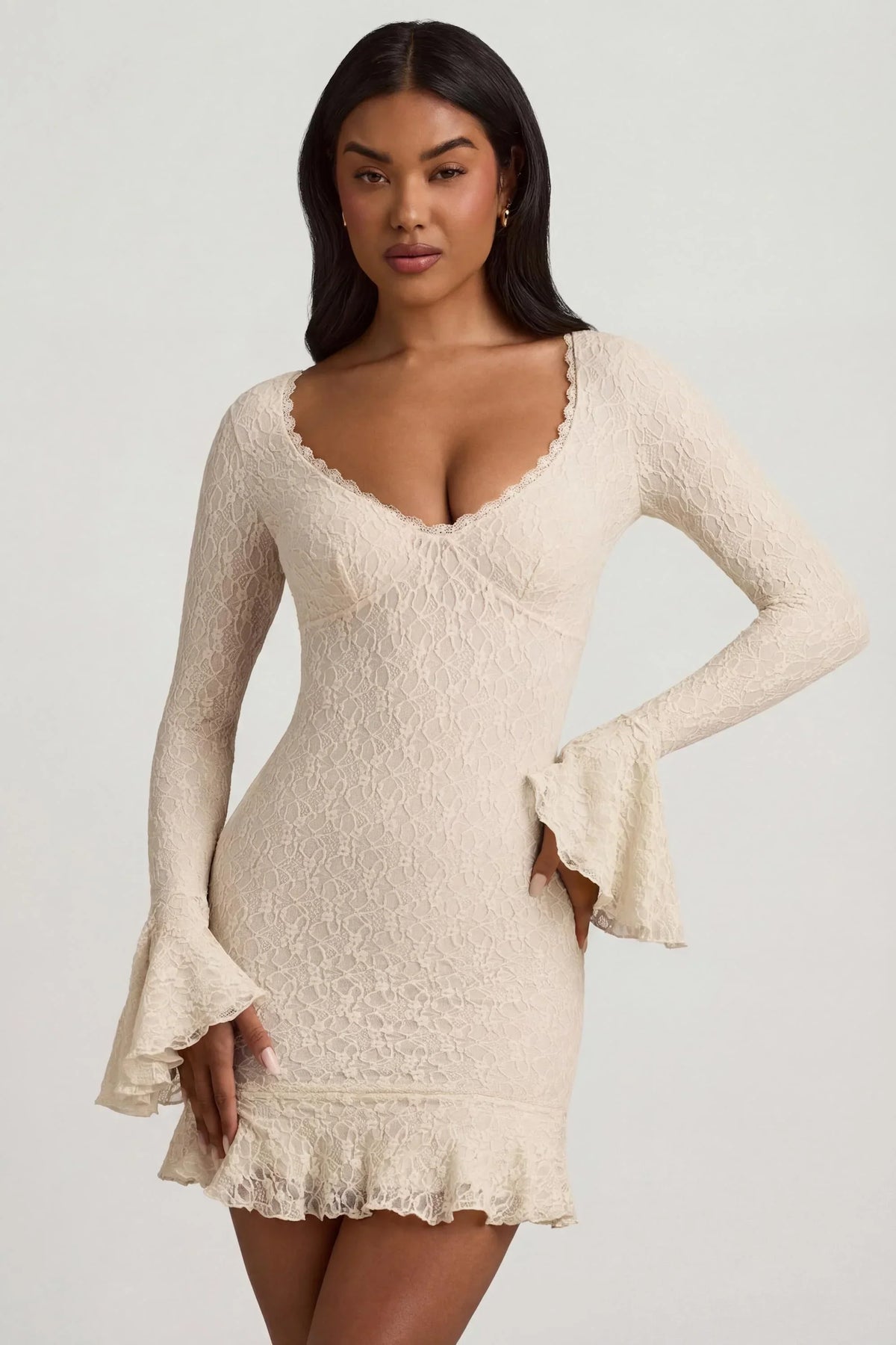 Long Sleeve Ruffled Lace Mini Dress in Ivory